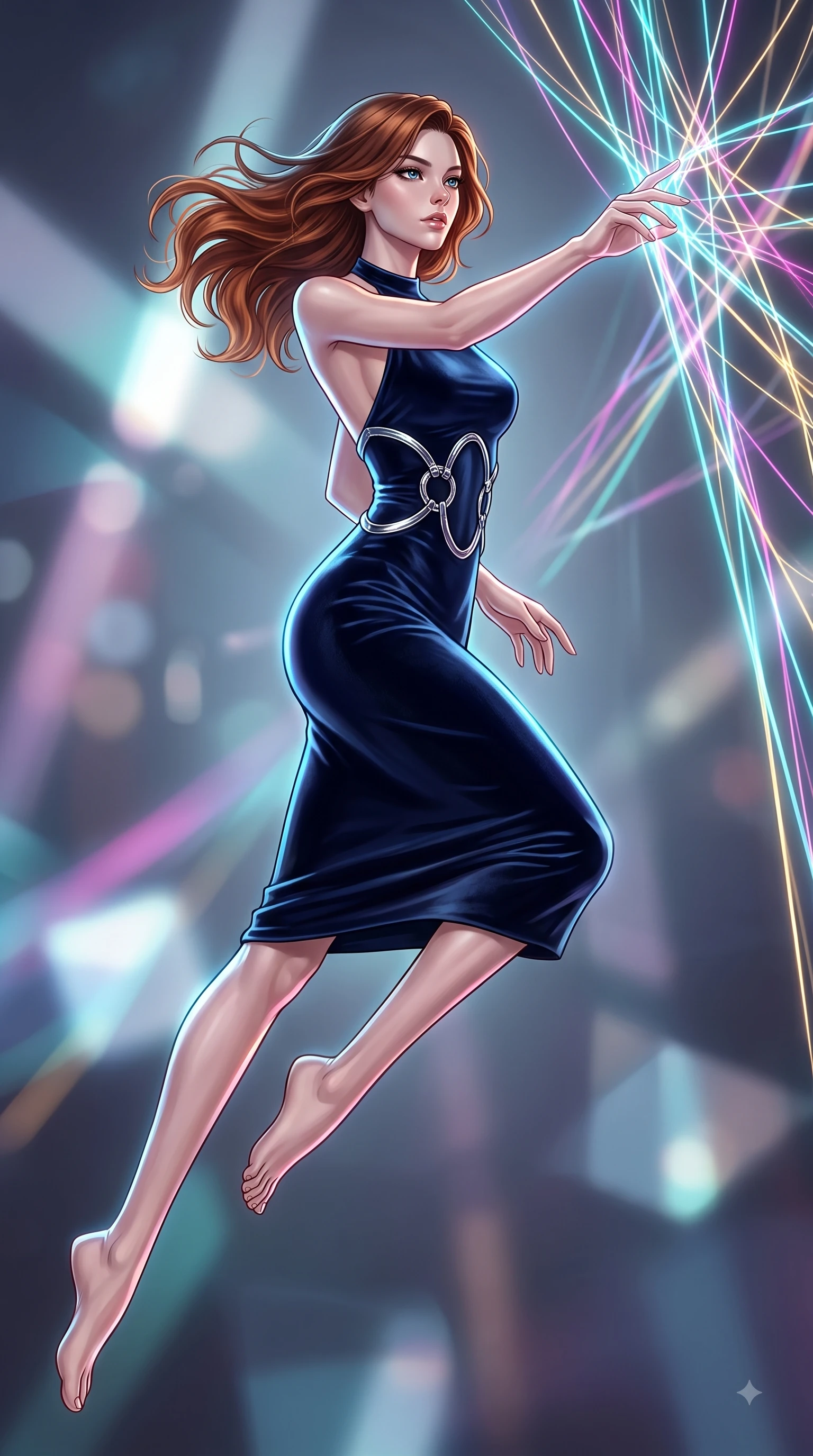 score_9, masterpiece, best quality, ultra-detailed, high-budget anime keyframe, editorial fashion photography, tasteful artistic composition, Korean woman. low angle full-body shot from head to toe showing her feet, filling the entire 9:16 vertical frame with her statuesque presence, stretching her vertical silhouette. leaping gracefully through mid-air with statuesque elegance, her impossibly long slender legs stretched in perfect balance while reaching forward with an arm stretch to touch a cluster of luminescent filament threads, fluorescent cyan, magenta, and gold light threads crossing in 3D space. She has an absolutely perfect, statuesque 8.5-heads proportion, an exceptionally tall and slender model-like female figure with impossibly long slender legs and an ultra-slim waist. sharp v-shaped jawline, high-bridge nose, intricate jewel-like eyes with depth, thick eyelashes, glossy lips with a natural sheen, flawlessly proportioned anatomical accuracy, natural body alignment, perfectly sculpted elegant limbs, clean dynamic posture without body distortion. wearing a velvet halter-neck midi dress following her form like a glove in midnight navy blue and chrome trim, crafted from smooth liquid silk, accented with delicate chrome ring hardware framing her waist, the glove-like fit emphasizing her statuesque silhouette during motion. surrounded by a vibrant fluorescent aura with bright specular rim lights. ultra-reflective glossy finish, specular highlights, metallic sheen, high-contrast stereoscopic depth, volumetric dynamic lighting, 2k, ultra detail, master piece, 9:16 ratio