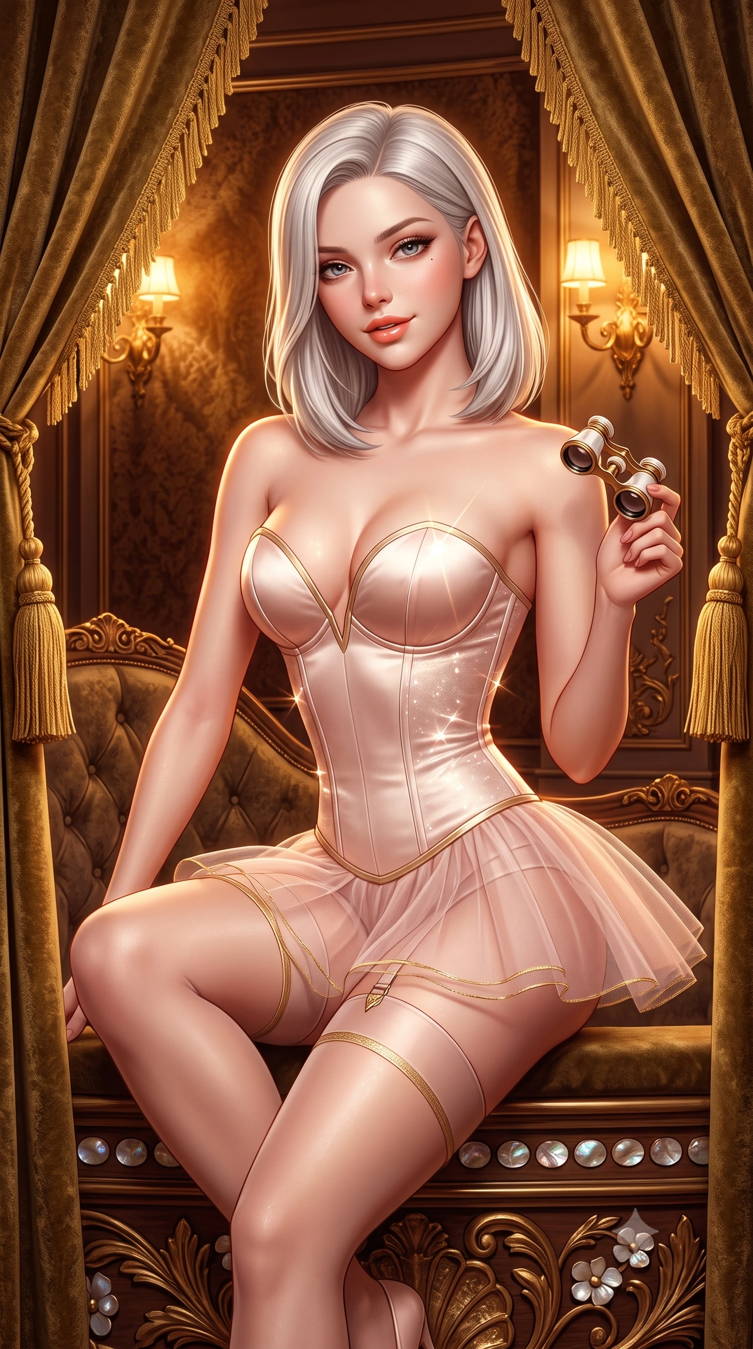 score_9, masterpiece, best quality, ultra-detailed, high-budget anime keyframe, semi-realistic 3D game render, editorial fashion photography, tasteful artistic composition, Caucasian woman. close-up cowboy shot from the waist and thighs up, the character dominates the composition, filling the frame with her large presence. perched sideways on the lounge seat, one knee drawn up to showcase her slender leg line while her arched back accentuates her feminine hip curve while twisting her slender torso in an alluring S-curve, heavy gold-tasseled velvet drapes framing her form-fitting ballet bodice and curvy hips. The surrounding environment is rendered in vivid detail and crisp panoramic clarity: sharp deep-pile velvet fabric texture, gilded wood relief carvings, and mother-of-pearl opera glass clarity in deep focus. She has an exceptionally elegant, slender, and willowy female figure with an ultra-slim waist, flat toned midriff, narrow ribcage, and sculpted feminine hips creating an alluring, slim hourglass silhouette without bulk. sharp v-shaped jawline, high-bridge nose, sparkling eyes with hypnotic seductive depth, thick curled eyelashes, glossy parted lips with a natural dewy peach sheen, alluring bedroom-eyes with an enchanting coquettish smile, exuding magnetic siren charisma and sophisticated glamour, flawlessly proportioned anatomical accuracy, strict slender model proportions, natural body alignment, perfectly sculpted long slender limbs, ultra-slim waistline, clean dynamic posture without body distortion. wearing a plunging sweetheart-neckline boned satin ballet bustier paired with an ultra-short sheer tulle micro-tutu and silk stockings in blush ballerina pink and warm ivory lace with antique gold trims, woven from stretch metallic lurex jersey casting radiant starlight glints across her silhouette, accented with an antique mother-of-pearl opera glass held casually in one hand, the second-skin tailored fabric adhering flawlessly to her sculpted flat midriff and slender torso, emphasizing her long leg lines and perfectly proportioned willowy build. bathed in warm amber light spilling from gilded sconces mixed with stage illumination bounce. highly saturated vibrant anime colors, detailed shading with soft gradients, rich glossy textures, high-contrast stereoscopic depth, volumetric dynamic lighting, master piece, 9:16 ratio