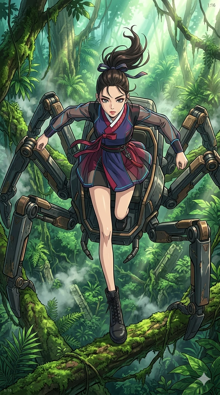 score_9, masterpiece, best quality, ultra-detailed, high-budget anime movie keyframe, cinematic anime lighting, intricate line art, Korean anime girl. Extreme high angle shot as she leaps towards the camera, filling the frame. piloting a giant mechanical spider through a dense jungle. She has an absolutely perfect 8-heads proportion, an exceptionally tall and slender female figure with an ultra-slim waist and impossibly long slender legs. strictly human anatomy, two legs only, no extra limbs, clearly defined legs and arms, perfect anatomy, perfect hands and fingers. sharp v-shaped jawline, high-bridge nose, intricate jewel-like eyes, thick eyelashes, glossy lips. Wearing Modern Traditional: Shortened cyber-hanbok with fusion silk robes and transparent panels. The scene is illuminated by dramatic atmospheric lighting and vibrant color palettes. , 2k, ultra detail, master piece, 9:16 ratio