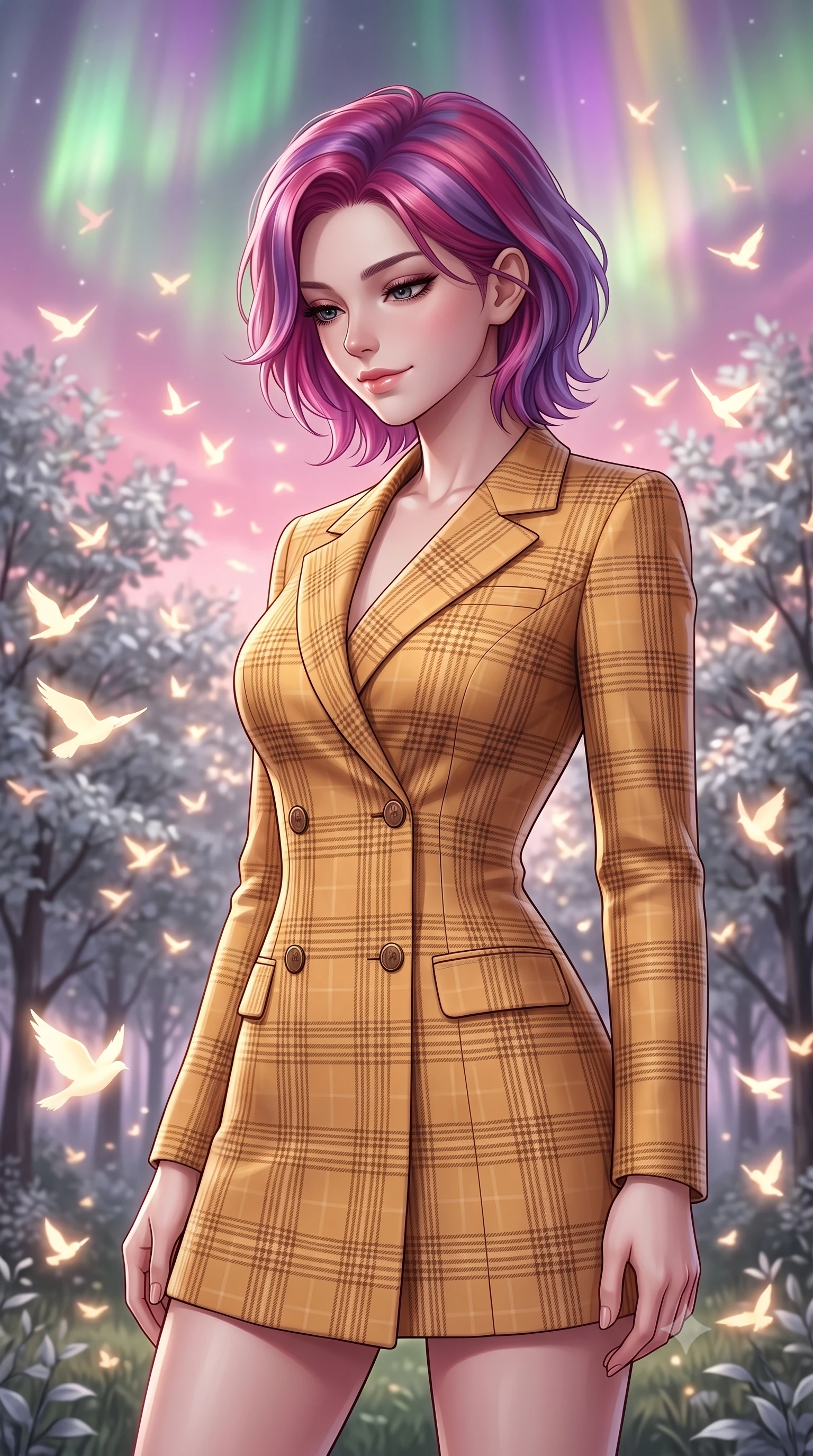 score_9, masterpiece, best quality, ultra-detailed, high-budget anime keyframe, editorial fashion photography, tasteful artistic composition, Caucasian woman, strictly human ears. close-up cowboy shot from the waist and thighs up, the character dominates the composition, filling the frame with her large presence, background elements kept in soft focus. Looking down with a gentle, thoughtful smile full of quiet warmth. set against a soft-focus background of in a forest clearing filled with silver-leaf trees where thousands of glowing paper birds nest and take flight into a pink evening sky. She has an exceptionally elegant, slender, and willowy female figure with a highly-defined ultra-slim waist, a gracefully sculpted slender torso, and a refined slim-fit silhouette that contours her form. sharp v-shaped jawline, high-bridge nose, intricate jewel-like eyes with depth, thick eyelashes, glossy lips with a natural sheen. wearing a fitted double-breasted blazer dress in a bright camel plaid, nips at her ultra-slim waist to emphasize her slender proportions. illuminated by a shifting aurora palette of green violet and gold from above. 2k, ultra detail, master piece, 9:16 ratio