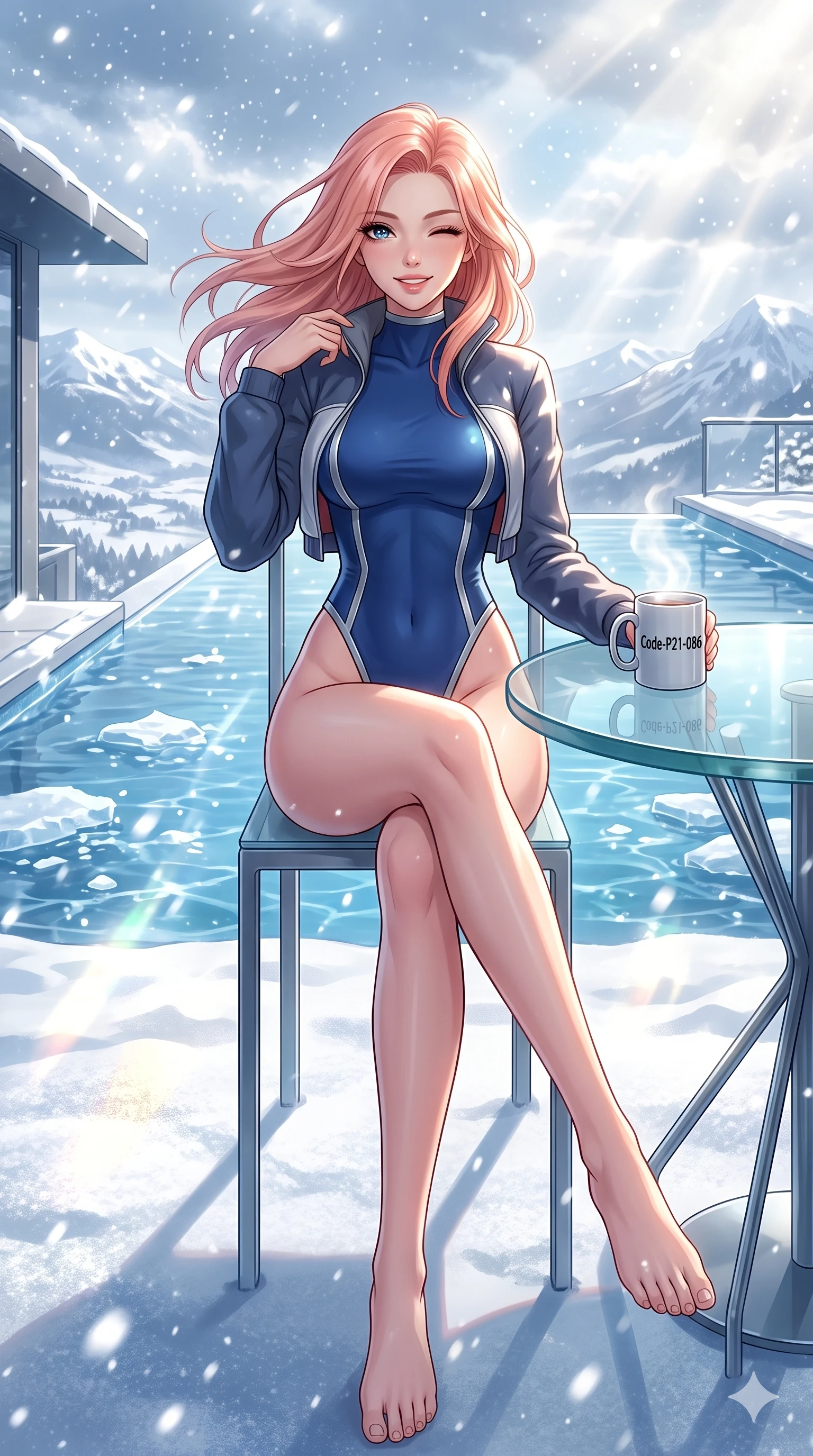 score_9, masterpiece, best quality, ultra-detailed, high-budget anime keyframe, vibrant anime aesthetic, Japanese woman. cowboy shot from the thighs up, character and outfit filling the frame for maximum presence. She is sitting by a glass table, winking and smiling cheerfully at the camera in winter by a modern infinity pool overlooking a snowy sky (Code-P21-086). She has an absolutely perfect 8-heads proportion, an exceptionally tall and slender female figure with impossibly long slender legs and an ultra-slim waist. V-shaped jawline, high-bridge nose, intricate jewel-like eyes with depth, thick eyelashes, glossy lips with a natural sheen. wearing a high-cut leg bodysuit under a cropped jacket with exposed waist in winter. She is drenched in bright, warm sunbeams reflecting off the snowy ground, casting dancing highlights. 2k, ultra detail, master piece, 9:16 ratio