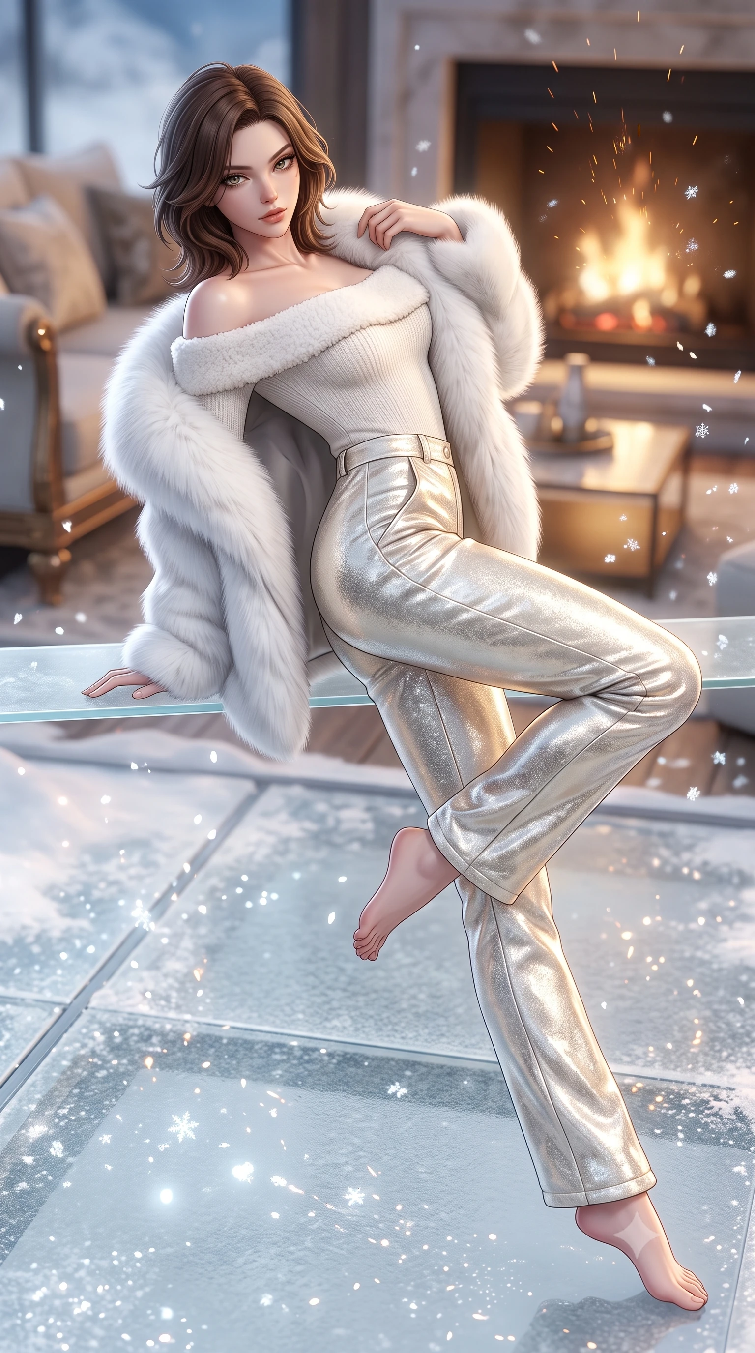 score_9, masterpiece, best quality, ultra-detailed, high-budget anime keyframe, semi-realistic 3D game render, editorial fashion photography, tasteful artistic composition, Korean woman. low angle full-body shot from head to toe showing her feet, filling the entire 9:16 vertical frame with her statuesque presence, stretching her vertical silhouette. reclining back languidly with one knee bent and spine arched in a breathtaking dancer line, commanding the entire 9:16 vertical frame while pivoting gracefully on the frosted glass deck, pulling her fur-trimmed collar close while casting an alluring side-gaze. The composition keeps background elements in soft focus with creamy bokeh. sparkling ice crystal flakes and rising fireplace sparks scattering enchanted light motes across the deck. She has an absolutely perfect, statuesque 8.5-heads proportion, an exceptionally tall and slender model-like female figure with impossibly long slender legs, a toned flat midriff, and an ultra-slim waist. sharp v-shaped jawline, high-bridge nose, intricate jewel-like eyes with depth, thick eyelashes, glossy parted lips with a natural sheen, intensely captivating and seductive expression, flawlessly proportioned anatomical accuracy, strict slender model proportions, natural body alignment, perfectly sculpted long slender limbs, ultra-slim waistline, clean dynamic posture without body distortion. wearing an off-shoulder white shearling-trimmed knit bodysuit paired with high-waisted metallic snow trousers in arctic champagne cream and soft gold, crafted from shimmering metallic lamé reflecting frost like crushed ice, complemented by an opulent white fox-fur stole draped loosely over her shoulders, the liquid-tight tailored fabric emphasizing every curve of her tall, slender model proportions and sculptured silhouette during dynamic movement. illuminated by bright specular snow reflections tracing her sculpted collarbones, waist, and long limbs. highly saturated vibrant anime colors, detailed shading with soft gradients, rich glossy textures, high-contrast stereoscopic depth, volumetric dynamic lighting, master piece, 9:16 ratio