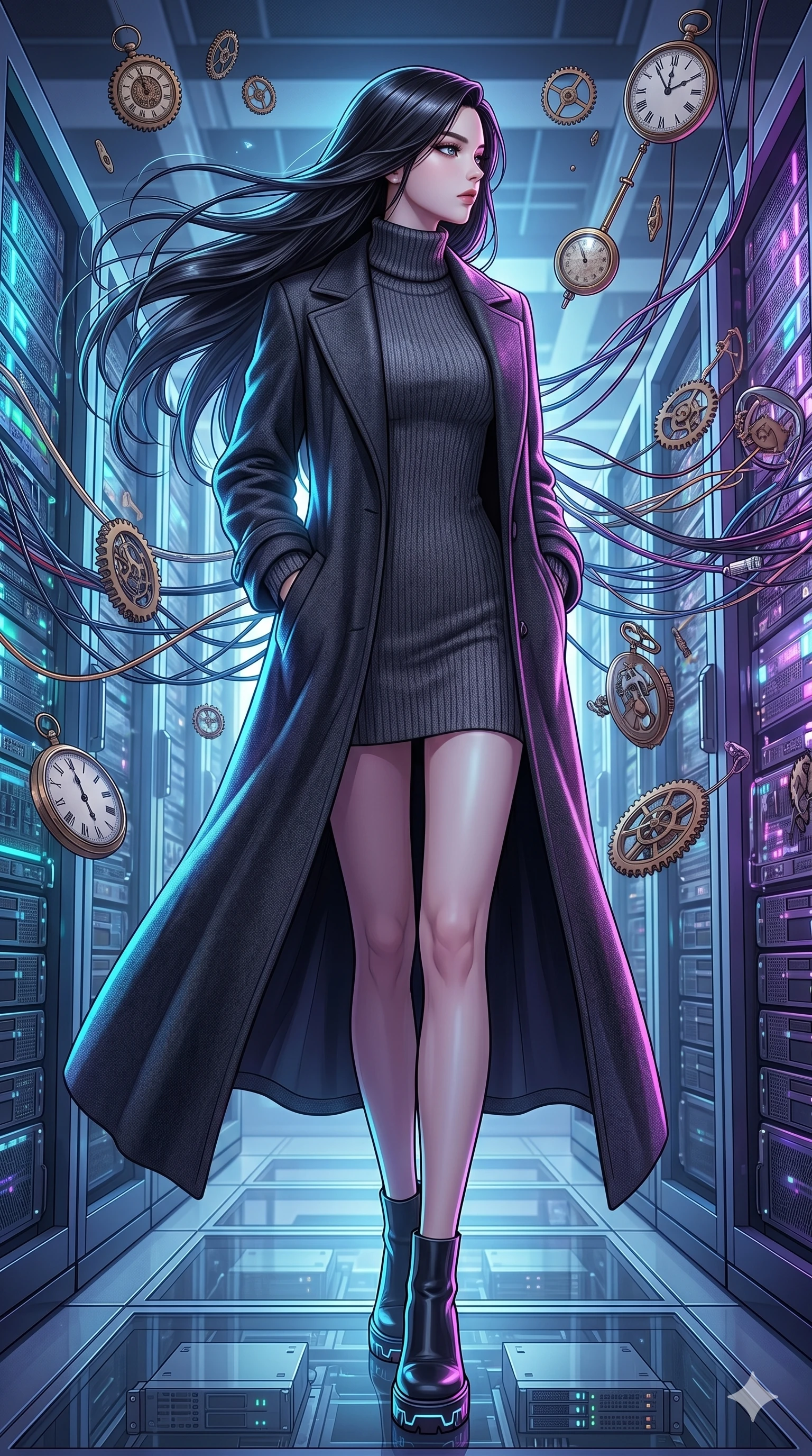 score_9, masterpiece, best quality, ultra-detailed, high-budget anime keyframe, editorial fashion photography, tasteful artistic composition, Korean woman. low angle full-body shot from head to toe showing her feet, filling the entire 9:16 vertical frame with her statuesque presence, stretching her vertical silhouette. standing tall, her face turned in profile to catch the wind, with a composed expression inside a temporal chamber filled with floating antique clock parts (Code-P18-036). She has an absolutely perfect 8-heads proportion, an exceptionally tall and slender female figure with impossibly long slender legs and an ultra-slim waist. V-shaped jawline, high-bridge nose, intricate jewel-like eyes with depth, thick eyelashes, glossy lips with a natural sheen. wearing a cozy high-neck turtleneck dress under a long tailored wool coat. neon blue and violet light from the servers casting sharp specular highlights on her outfit. 2k, ultra detail, master piece, 9:16 ratio