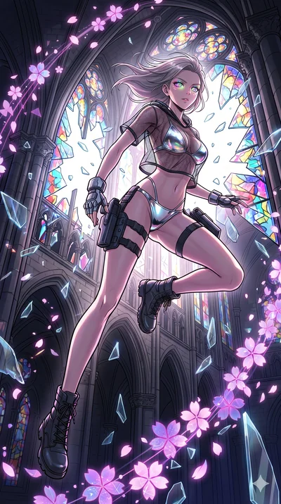 score_9, masterpiece, best quality, ultra-detailed, Set A: High-budget Anime Keyframe, Caucasian (strictly human ears) woman. Low angle cowboy shot filling the entire 9:16 frame with her statuesque presence. Leaping through a shattered glass cathedra