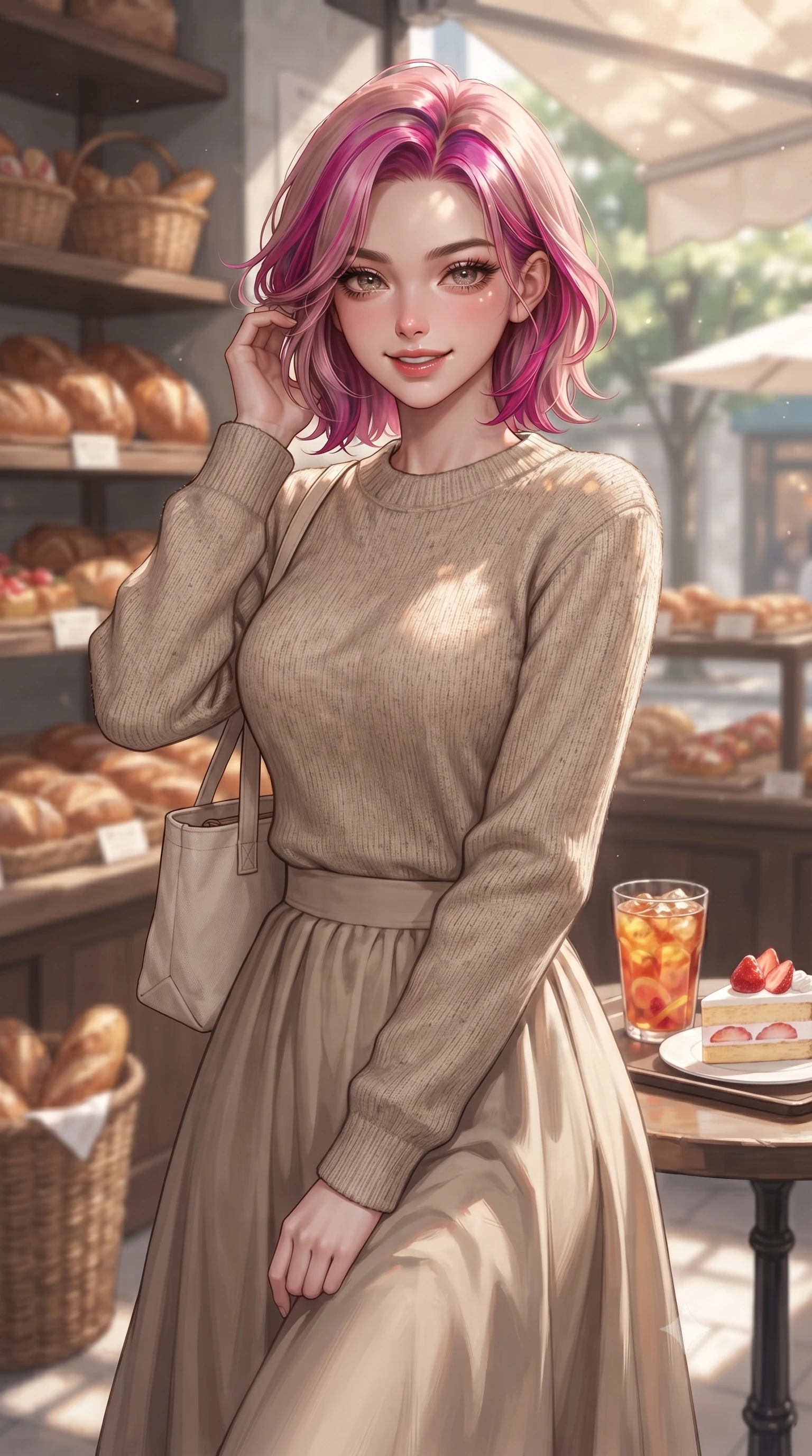 score_9, masterpiece, best quality, ultra-detailed, high-budget anime keyframe, editorial fashion photography, tasteful artistic composition, Caucasian woman. close-up cowboy shot from the waist and thighs up, the character dominates the composition, filling the frame with her large presence, background elements kept in soft focus. smiling cutely while gently brushing a strand of hair behind her ear set against a soft-focus background of inside a bustling bakery cafe with display shelves full of fresh bread with a glass of iced fruit tea and a slice of strawberry shortcake nearby. She has an exceptionally elegant, slender, and willowy female figure with an ultra-slim waist, a gracefully sculpted slender torso, and a refined silhouette. sharp v-shaped jawline, high-bridge nose, intricate jewel-like eyes with depth, thick eyelashes, glossy lips with a natural sheen. wearing body-hugging cozy oatmeal knit sweater paired with a long cotton skirt and a small canvas tote bag. dappled sunlight filtering through the outdoor awning onto her face. ultra-reflective glossy finish, specular highlights, metallic sheen, high-contrast stereoscopic depth, volumetric dynamic lighting, 2k, ultra detail, master piece, 9:16 ratio