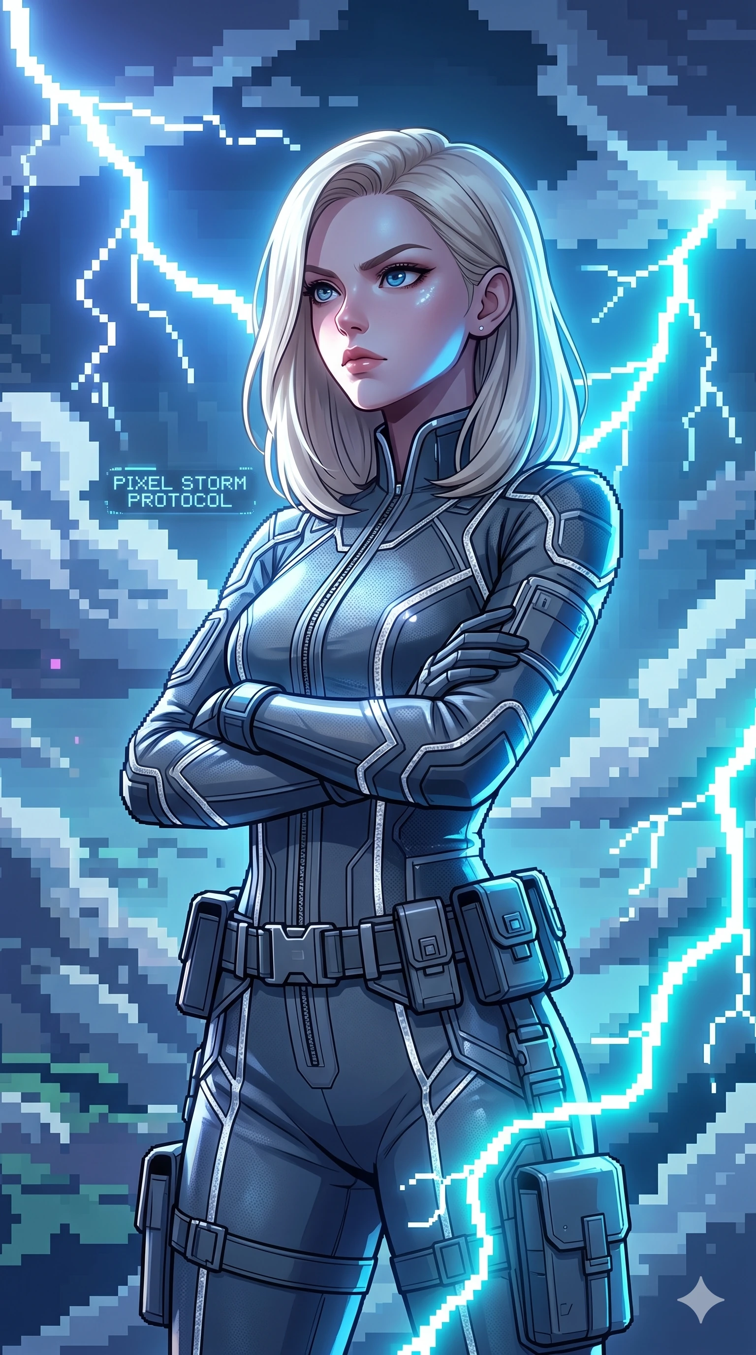 score_9, masterpiece, best quality, ultra-detailed, high-budget anime keyframe, editorial fashion photography, tasteful artistic composition, Caucasian woman, strictly human ears. Upper body close-up from the thighs up, character filling the screen for maximum presence. Inside a virtual reality skybox during a pixelated storm, watching the lightning with a determined, confident look. She is wearing a tailored tech-jumpsuit with reflective silver piping and a utility belt. The scene is bathed in the flashing blue and white light of the pixelated lightning. 2k, ultra detail, master piece, 9:16 ratio