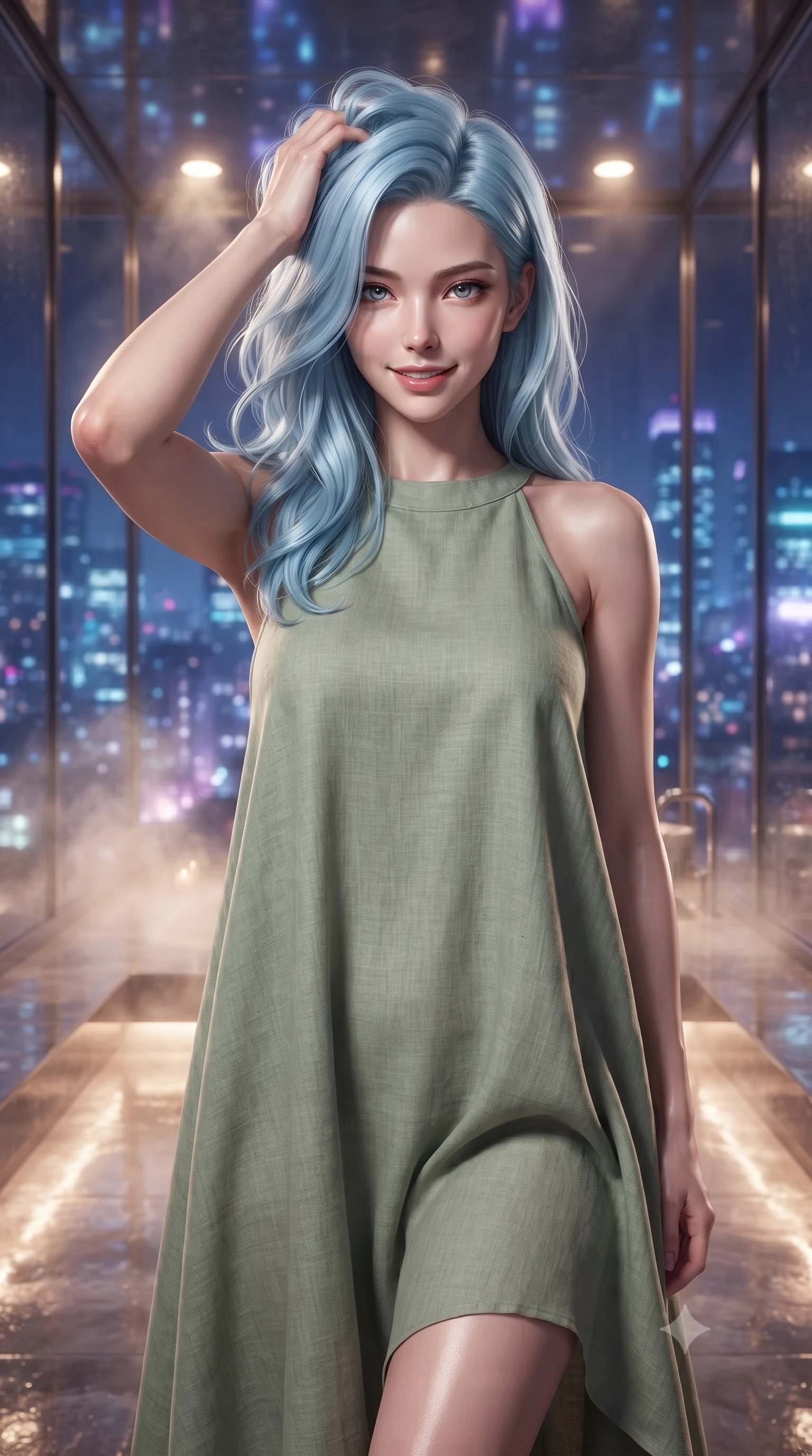 score_9, masterpiece, best quality, ultra-detailed, high-budget anime keyframe, editorial fashion photography, tasteful artistic composition, Korean woman woman. close-up cowboy shot from the waist and thighs up, the character dominates the composition, filling the frame with her large presence, background elements kept in soft focus. smiling with quiet, magnetic self-assurance directly into the camera, running a hand through her hair the background shows a soft-focus a high-rise private steam room with glass walls overlooking the city lights at night. She has an exceptionally elegant, slender, and willowy female figure with an ultra-slim waist, a gracefully sculpted slender torso, and a refined silhouette. sharp v-shaped jawline, high-bridge nose, intricate jewel-like eyes with depth, thick eyelashes, glossy lips with a natural sheen. wearing a slim-fit flowy linen sundress in sage green, with a modest high neckline and relaxed silhouette. glittering blue and violet city skyline lights contrasting with warm steam glow. ultra-reflective glossy finish, specular highlights, metallic sheen, high-contrast stereoscopic depth, volumetric dynamic lighting, 2k, ultra detail, master piece, 9:16 ratio