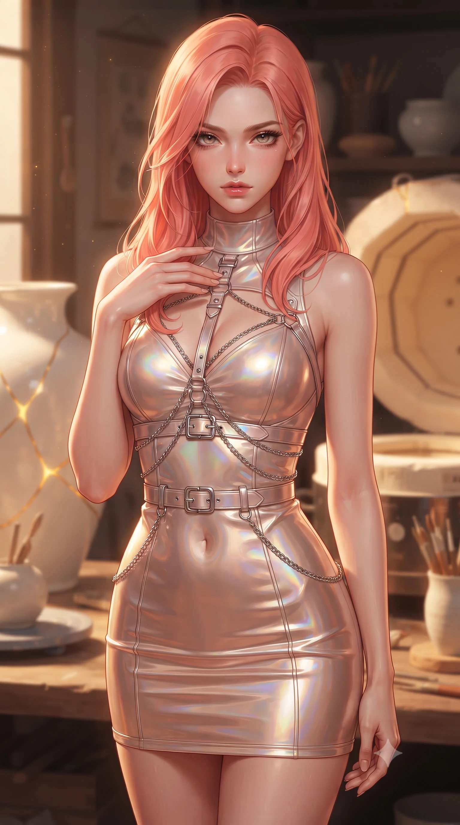 score_9, masterpiece, best quality, ultra-detailed, high-budget anime keyframe, editorial fashion photography, tasteful artistic composition, Japanese woman. close-up cowboy shot from the waist and thighs up, the character dominates the composition, filling the frame with her large presence, background elements kept in soft focus. Casting a slow, direct gaze beneath heavy lashes with quiet intensity, resting near a ceramic kiln as golden kintsugi light glows warmly around her, glowing gold kintsugi veins radiating warm inner light from porcelain cracks. She has an exceptionally elegant, slender, and willowy female figure with an ultra-slim waist, a gracefully sculpted slender torso, and a refined silhouette. sharp v-shaped jawline, high-bridge nose, intricate jewel-like eyes with depth, thick eyelashes, glossy lips with a natural sheen. wearing aerodynamic second-skin rose-gold metallic bodycon dress in glowing ivory, made of iridescent hologram organza, framed by polished silver buckles and delicate chain details, accentuating her gracefully sculpted slender torso. illuminated by warm golden kintsugi glow radiating from opal porcelain cracks. ultra-reflective glossy finish, specular highlights, metallic sheen, high-contrast stereoscopic depth, volumetric dynamic lighting, 2k, ultra detail, master piece, 9:16 ratio