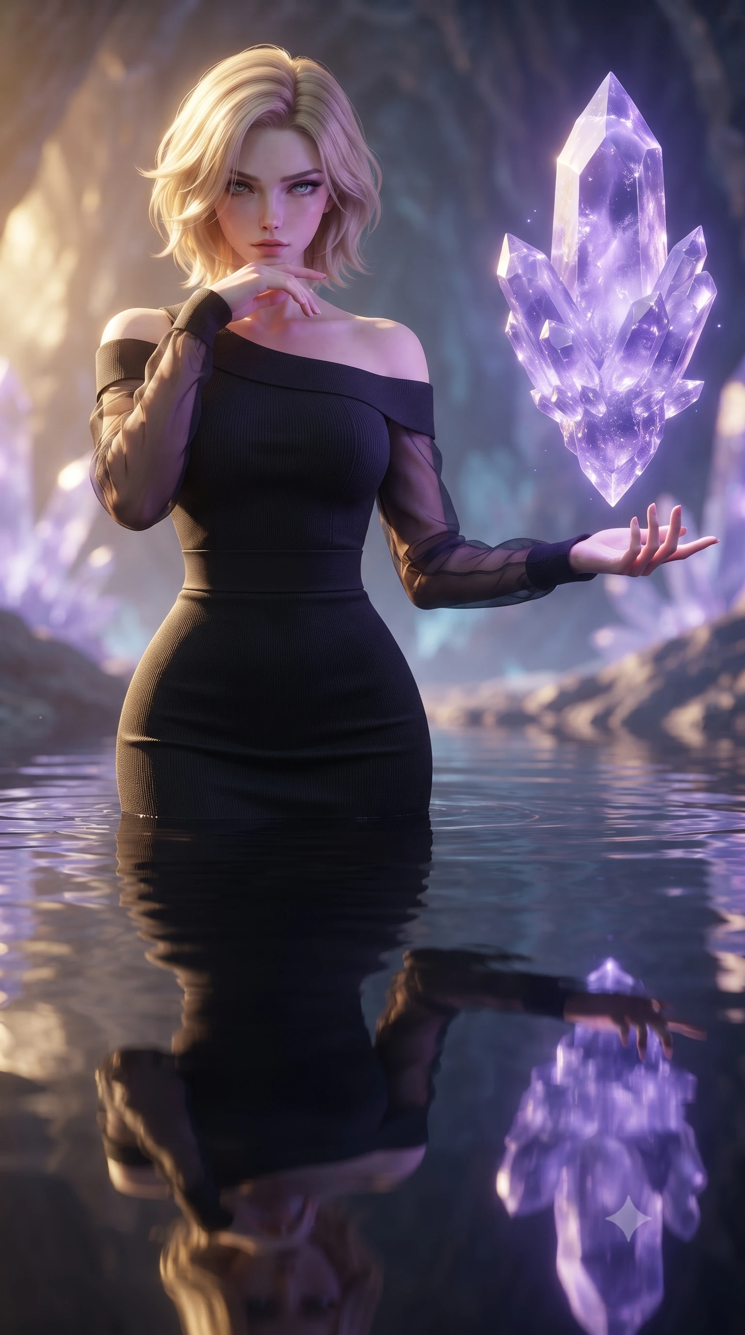 score_9, masterpiece, best quality, ultra-detailed, high-budget anime keyframe, editorial fashion photography, tasteful artistic composition, Caucasian woman. close-up cowboy shot from the waist and thighs up, the character dominates the composition, filling the frame with her large presence, background elements kept in soft focus. Resting her chin on the backs of her fingers, casting a sharp, mysterious gaze touching a giant floating violet crystal cluster emitting pulsing energy, still mirror-like water below reflecting her statuesque figure flawlessly. She has an exceptionally elegant, slender, and willowy female figure with an ultra-slim waist, a gracefully sculpted slender torso, and a refined silhouette. sharp v-shaped jawline, high-bridge nose, intricate jewel-like eyes with depth, thick eyelashes, glossy lips with a natural sheen. wearing a sleek bodycon knit dress with strategic sheer organza sleeve panels and a tight waist, the elegant draped fit framing her graceful clavicle and slender torso. lit by warm golden sunlight colliding with cool violet crystal illumination. ultra-reflective glossy finish, specular highlights, metallic sheen, high-contrast stereoscopic depth, volumetric dynamic lighting, 2k, ultra detail, master piece, 9:16 ratio