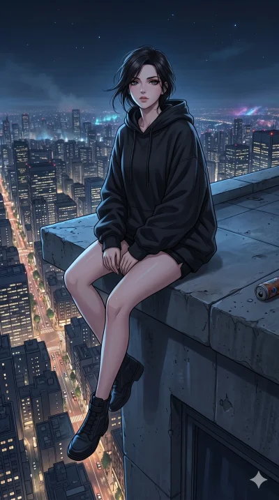 score_9, score_8_up, score_7_up, source_anime, masterpiece, best quality, ultra-detailed, same character with dark hair, wearing an oversized black hoodie and short shorts, sitting on the edge of an urban rooftop with the city skyline behind her, coo
