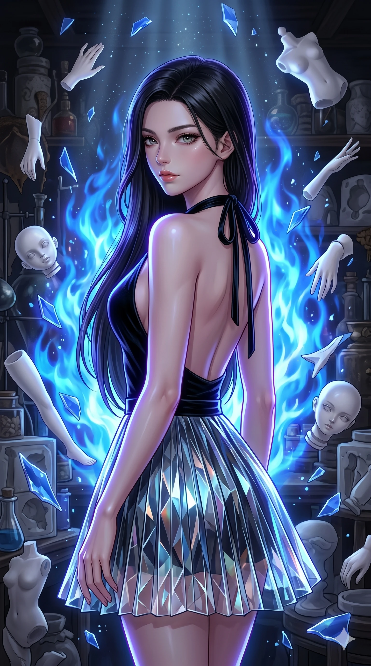 score_9, masterpiece, best quality, ultra-detailed, high-budget anime keyframe, Japanese woman. upper body close-up from the thighs up, character filling the screen for maximum presence. assisting in an alchemical porcelain workshop where floating white bisque doll parts and blue porcelain shards swirl amidst blue alchemical flames. She has an absolutely perfect 8-heads proportion, an exceptionally tall and slender female figure with impossibly long slender legs and an ultra-slim waist. V-shaped jawline, high-bridge nose, intricate jewel-like eyes with depth, thick eyelashes, glossy lips with a natural sheen.. wearing a fractal glass pleated skirt and a backless black velvet halter neck top, creating a dramatic and elegant silhouette. bathed in brilliant cinematic volumetric lighting and intense neon rim light highlighting her slender form. 2k, ultra detail, master piece, 9:16 ratio