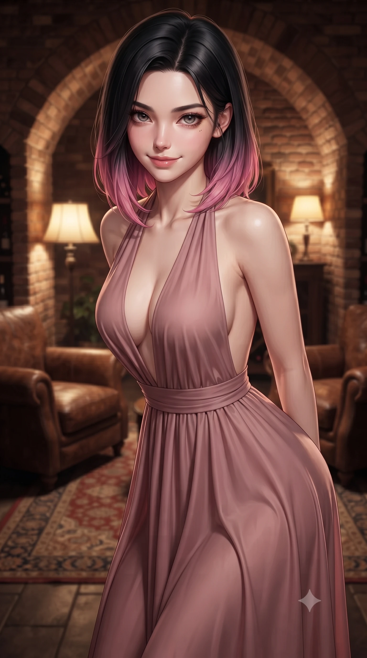 score_9, masterpiece, best quality, ultra-detailed, high-budget anime keyframe, editorial fashion photography, tasteful artistic composition, Korean woman woman. close-up cowboy shot from the waist and thighs up, the character dominates the composition, filling the frame with her large presence, background elements kept in soft focus. leaning slightly forward with a playful, teasing smile, her gaze locked onto the viewer the background shows a soft-focus a dimly lit brick-walled wine cellar with leather armchairs and soft rugs. She has an exceptionally elegant, slender, and willowy female figure with an ultra-slim waist, a gracefully sculpted slender torso, and a refined silhouette. sharp v-shaped jawline, high-bridge nose, intricate jewel-like eyes with depth, thick eyelashes, glossy lips with a natural sheen. wearing a body-hugging deep plunging-V neck maxi dress in dusty rose chiffon with a bold halter neck and low-cut back. warm yellow lamplight casting cozy, soft shadows on the brick arches. ultra-reflective glossy finish, specular highlights, metallic sheen, high-contrast stereoscopic depth, volumetric dynamic lighting, 2k, ultra detail, master piece, 9:16 ratio
