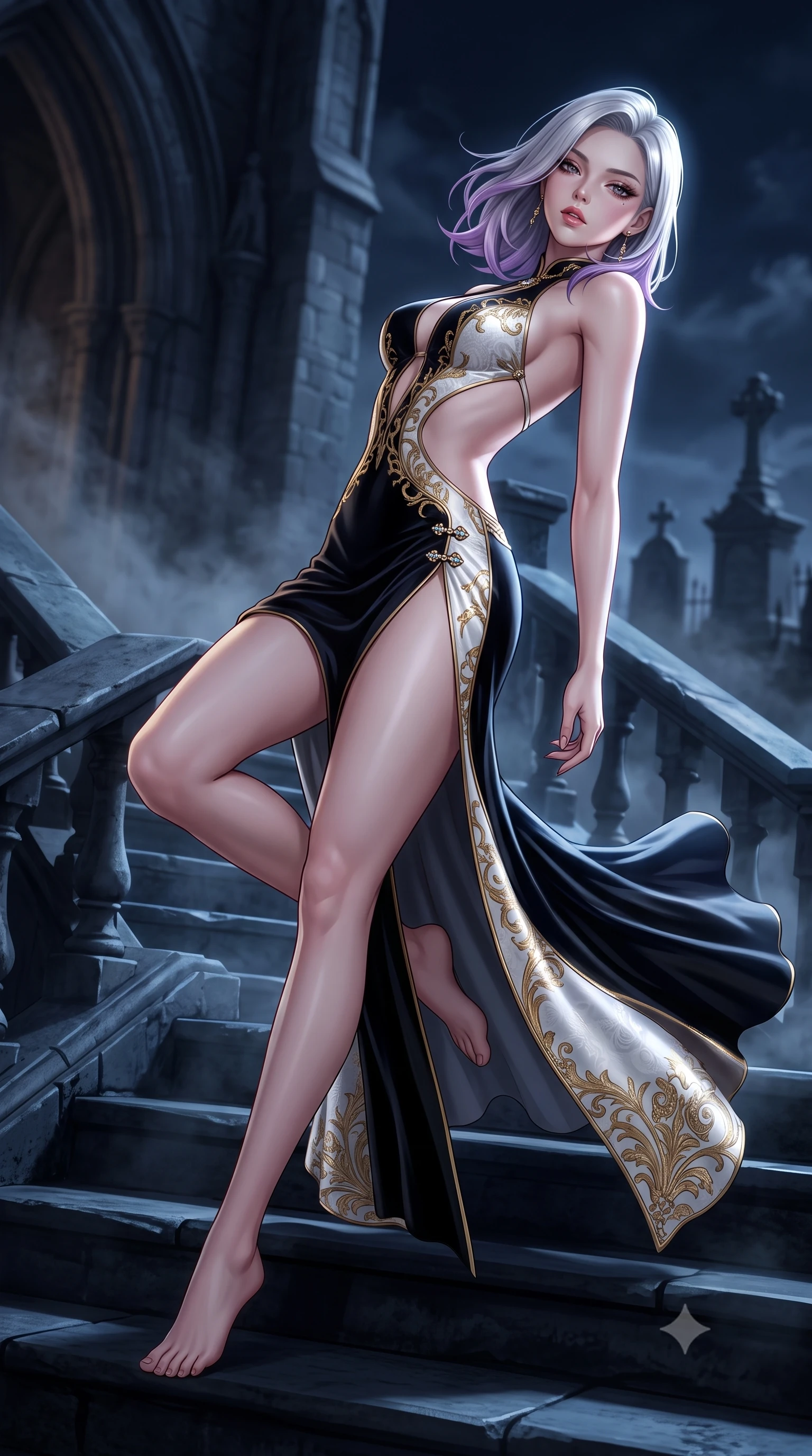 score_9, masterpiece, best quality, ultra-detailed, high-budget anime keyframe, semi-realistic 3D game render, editorial fashion photography, tasteful artistic composition, Caucasian woman. low angle full-body shot from head to toe showing her feet, filling the entire 9:16 vertical frame with her statuesque presence, stretching her vertical silhouette. reclining back languidly with one knee bent and spine arched in a breathtaking dancer line, commanding the entire 9:16 vertical frame while descending the cold cathedral steps with fluid supermodel momentum, the night wind fluttering her dark drapery. The composition keeps background elements in soft focus with creamy bokeh. swirling night mist and distant cemetery monuments softened in cinematic shallow focus. She has an absolutely perfect, statuesque 8.5-heads proportion, an exceptionally tall and slender model-like female figure with impossibly long slender legs, a toned flat midriff, and an ultra-slim waist. sharp v-shaped jawline, high-bridge nose, intricate jewel-like eyes with depth, thick eyelashes, glossy parted lips with a natural sheen, intensely captivating and seductive expression, flawlessly proportioned anatomical accuracy, strict slender model proportions, natural body alignment, perfectly sculpted long slender limbs, ultra-slim waistline, clean dynamic posture without body distortion. wearing a sculptured liquid-satin mermaid gown with an architectural open-waist cutout and bare spine in high-contrast black velvet and pearl white, made of rich textured jacquard silk with baroque gold thread, finished with an ultra-high side slit secured by miniature jeweled clasps, the dramatically scooped open back descending to the base of her spine, accentuating her razor-sharp statuesque lines and slim hourglass silhouette. illuminated by crisp specular highlights defining her sculpted jawline, bare spine, and long limbs. highly saturated vibrant anime colors, detailed shading with soft gradients, rich glossy textures, high-contrast stereoscopic depth, volumetric dynamic lighting, master piece, 9:16 ratio