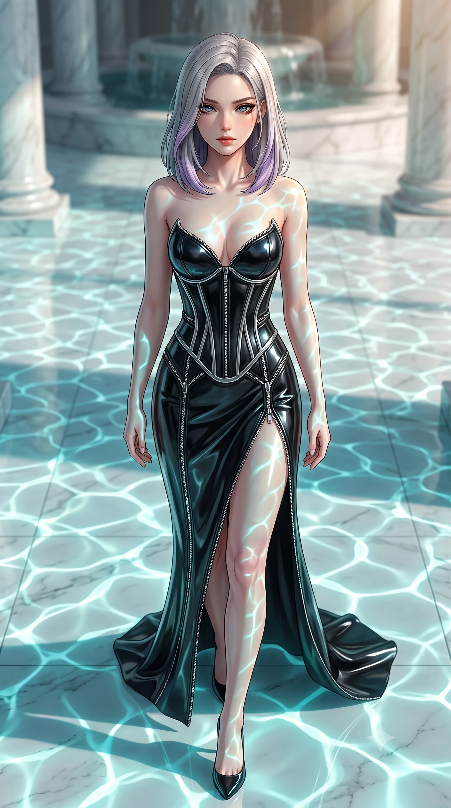 score_9, masterpiece, best quality, ultra-detailed, high-budget anime keyframe, editorial fashion photography, tasteful artistic composition, Caucasian woman. close-up cowboy shot from the waist and thighs up, the character dominates the composition, filling the frame with her large presence, background elements kept in soft focus. Casting a slow, direct gaze beneath heavy lashes with quiet intensity, walking across a pearl-white marble floor illuminated by caustic water ripples, shimmering caustic light ripples dancing dynamically across her body and gown. She has an exceptionally elegant, slender, and willowy female figure with an ultra-slim waist, a gracefully sculpted slender torso, and a refined silhouette. sharp v-shaped jawline, high-bridge nose, intricate jewel-like eyes with depth, thick eyelashes, glossy lips with a natural sheen. wearing low-cut gothic structured bodice gown with high leg slit in pitch-black onyx, made of sculpted obsidian metallic chrome, finished with metallic silver boning and sleek zipper points, contouring every curve with an exceptionally elegant silhouette. bathed in shimmering aqua reflections and warm top sunlight. highly saturated vibrant anime colors, detailed shading with soft gradients, rich glossy textures, high-contrast stereoscopic depth, volumetric dynamic lighting, master piece, 9:16 ratio