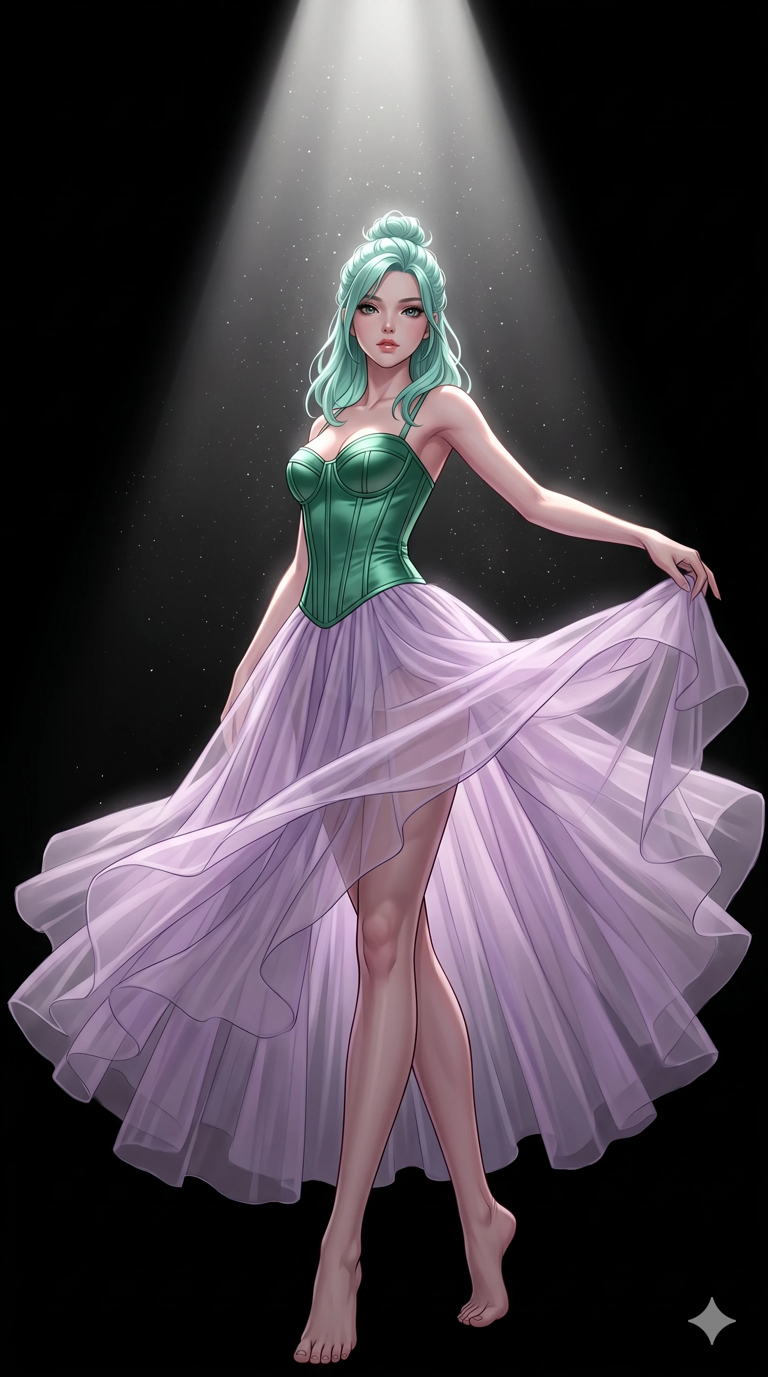 score_9, masterpiece, best quality, ultra-detailed, high-budget anime keyframe, editorial fashion photography, tasteful artistic composition, Japanese woman. low angle full-body shot from head to toe showing her feet, filling the entire 9:16 vertical frame with her statuesque presence, stretching her vertical silhouette. twirling with balletic elegance inside a pure dramatic infinite black void with nothing but a single powerful cinematic spotlight creating a perfect cone of light and stark absolute contrast between illumination and total darkness. She has a statuesque 8.5-heads proportion, an exceptionally tall, slender and willowy model-like build with impossibly long legs and a highly sculpted ultra-slim waist. sharp v-shaped jawline, high-bridge nose, intricate jewel-like eyes with depth, thick eyelashes, glossy lips with a natural sheen. wearing a corset-topped gown with visible structured boning in emerald green satin, paired with a floor-length sheer tulle skirt in pastel lavender. a single intense white spotlight from directly above creating dramatic fall-off into complete darkness with sharp-edged light cone and volumetric dust particles visible in the beam. 2k, ultra detail, master piece, 9:16 ratio