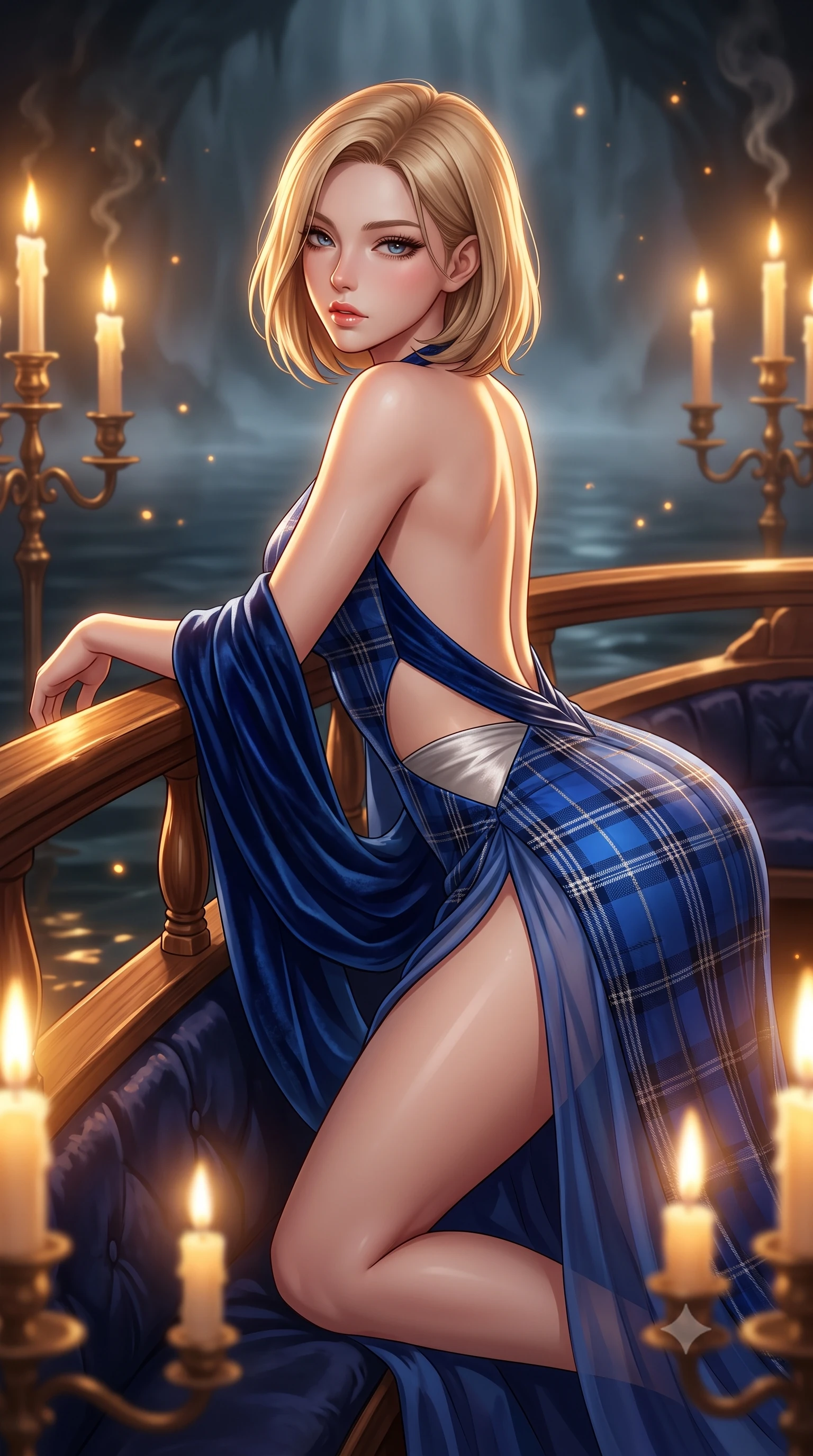 score_9, masterpiece, best quality, ultra-detailed, high-budget anime keyframe, semi-realistic 3D game render, editorial fashion photography, tasteful artistic composition, Korean woman. close-up cowboy shot from the waist and thighs up, the character dominates the composition, filling the frame with her large presence. leaning forward against the polished railing with her hips cocked back, creating an intoxicating curve from her narrow waist to sculpted hips as she gazes back into the lens while reclining languidly on an antique velvet-lined skiff floating on the subterranean black lake, arching her spine with one knee bent as candlelight traces her curvy hips. The composition keeps background elements in soft focus with creamy bokeh. drifting cavern mist and candelabra wax smoke catching glowing amber light motes. She has an exceptionally elegant, slender, and willowy female figure with an ultra-slim waist, flat toned midriff, narrow ribcage, and sculpted feminine hips creating an alluring, slim hourglass silhouette without bulk. sharp v-shaped jawline, high-bridge nose, intricate jewel-like eyes with depth, thick eyelashes, glossy parted lips with a natural sheen, intensely captivating and seductive bedroom-eyes expression, flawlessly proportioned anatomical accuracy, strict slender model proportions, natural body alignment, perfectly sculpted long slender limbs, ultra-slim waistline, clean dynamic posture without body distortion. wearing a tailored tartan-wool and crushed-velvet corseted gala gown with an architectural open-waist cutout and high-cut thigh slit in royal sapphire blue and brushed platinum, woven from layered gossamer chiffon with a weightless sweeping drape, complemented by a plush velvet shawl draped loosely over her elbows, the dramatically scooped open back descending to the base of her spine, accentuating her razor-sharp statuesque lines and slim hourglass silhouette. bathed in warm golden candelabra flicker from all sides and soft subterranean lake water reflections. highly saturated vibrant anime colors, detailed shading with soft gradients, rich glossy textures, high-contrast stereoscopic depth, volumetric dynamic lighting, master piece, 9:16 ratio