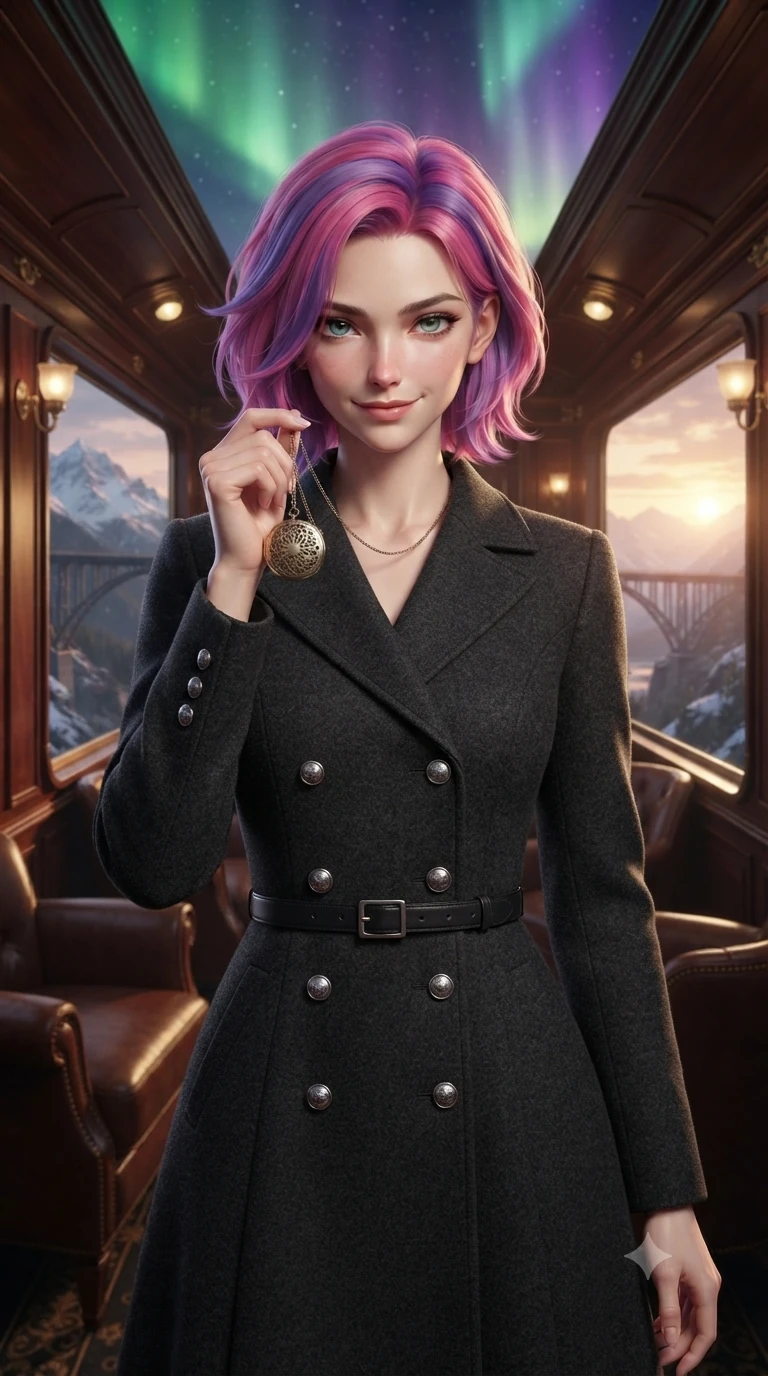 score_9, masterpiece, best quality, ultra-detailed, high-budget anime keyframe, editorial fashion photography, tasteful artistic composition, Caucasian woman, strictly human ears. close-up cowboy shot from the waist and thighs up, the character dominates the composition, filling the frame with her large presence, background elements kept in soft focus. Holding a delicate object up near her face while gazing at the viewer with a knowing smile. set against a soft-focus background of the observation car of a legendary luxury train crossing a spectacular mountain bridge at sunset with polished mahogany panels brass fittings leather armchairs and panoramic windows framing snow-capped peaks. She has an exceptionally elegant and slender, willowy female figure with an ultra-slim waist, a gracefully sculpted slender torso, and a refined slim physique. sharp v-shaped jawline, high-bridge nose, intricate jewel-like eyes with depth, thick eyelashes, glossy lips with a natural sheen. wearing a double-breasted charcoal coat dress with silver buttons, styled with a slim black leather belt. illuminated by a shifting aurora palette of green violet and gold from above. 2k, ultra detail, master piece, 9:16 ratio