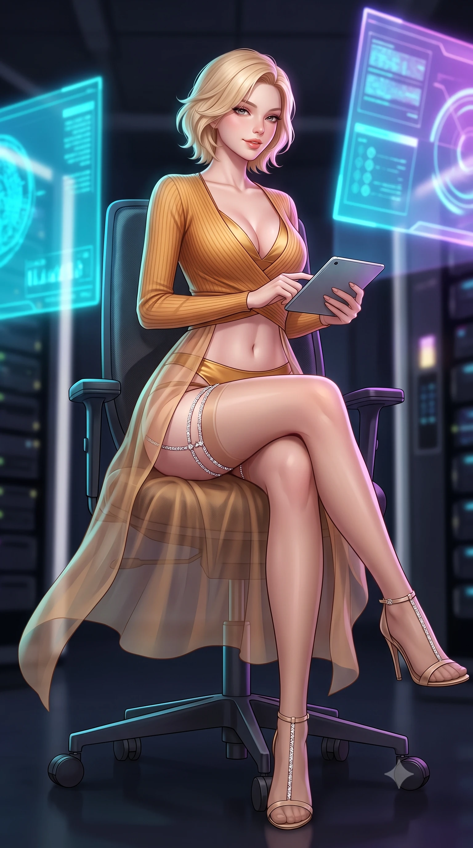 score_9, masterpiece, best quality, ultra-detailed, high-budget anime keyframe, semi-realistic 3D game render, editorial fashion photography, tasteful artistic composition, Caucasian woman. low angle full-body shot from head to toe showing her feet, filling the entire 9:16 vertical frame with her statuesque presence, stretching her vertical silhouette. executing a slow, graceful pivot turn as her skirt sways around her slender legs, glancing back with an enchanting, teasing sensual expression while lounging in the swivel ergonomic command chair with legs crossed, holding a micro-tablet with effortless sovereign hacker authority. The background shows a soft-focus dark server room columns softened in high-tech subterranean shallow focus. She has an absolutely perfect, statuesque 8.5-heads proportion, an exceptionally tall and slender model-like female figure with impossibly long slender legs, an ultra-slim waist, a flat toned midriff, narrow delicate ribcage, and beautifully sculpted feminine hips creating a graceful, slim hourglass silhouette without any bulky heaviness. sharp v-shaped jawline, high-bridge nose, sparkling eyes with hypnotic seductive depth, thick curled eyelashes, glossy parted lips with a natural dewy peach sheen, alluring bedroom-eyes with an enchanting coquettish smile, exuding magnetic siren charisma and sophisticated glamour, flawlessly proportioned anatomical accuracy, strict slender model proportions, natural body alignment, perfectly sculpted long slender limbs, ultra-slim waistline, clean dynamic posture without body distortion. wearing a form-contouring ribbed knit dancer wrap top worn over a plunging silk bralette and low-rise satin briefs in warm amber honey and antique gold leaf, made of sheer gossamer chiffon that drapes softly against skin with airy translucence, finished with delicate crystal-encrusted thigh garter straps glinting under the lights, the form-contouring silhouette accentuating her sculpted flat midriff, narrow delicate ribcage, and gracefully curvy hips with intoxicating allure. bathed in dynamic cyan and ultraviolet illumination radiating from giant holographic displays. highly saturated vibrant anime colors, detailed shading with soft gradients, rich glossy textures, high-contrast stereoscopic depth, volumetric dynamic lighting, master piece, 9:16 ratio