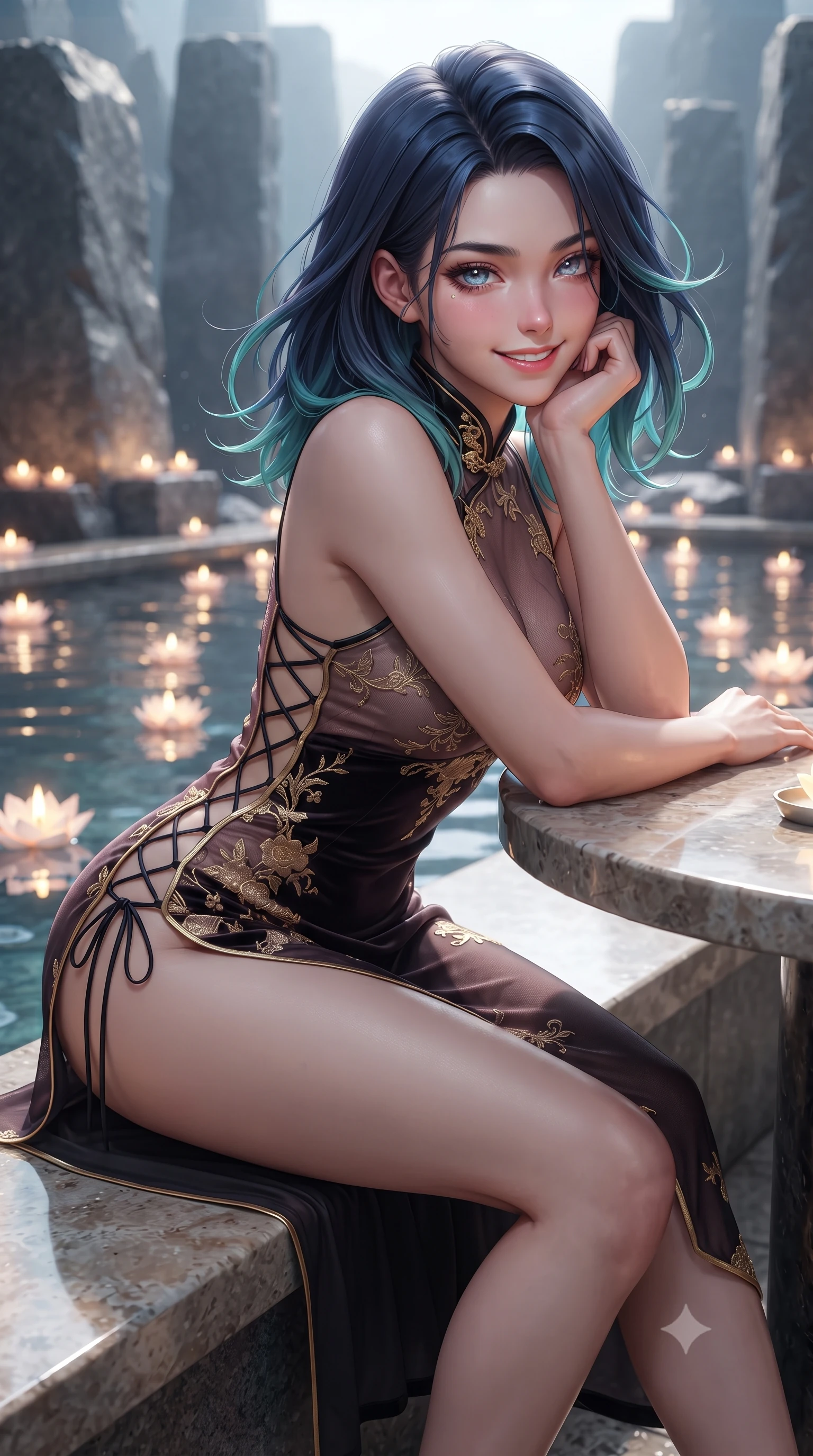 score_9, masterpiece, best quality, ultra-detailed, high-budget anime keyframe, editorial fashion photography, tasteful artistic composition, Caucasian woman. close-up cowboy shot from the waist and thighs up, the character dominates the composition, filling the frame with her large presence. resting one elbow on the table and supporting her chin, leaning close to the camera with heavy-lidded sparkling eyes and parted lips while sitting perched on the smooth stone coping with one knee bent and legs extended, casting a hypnotic, heavy-lidded gaze toward the lens. The surrounding environment is rendered in vivid detail and crisp panoramic clarity: sharp chisel marks on ancient granite megaliths, wet stone surface sheen, and floating beeswax candle flames in deep focus. She has an exceptionally elegant, slender, and willowy female figure with an ultra-slim waist, flat toned midriff, narrow ribcage, and sculpted feminine hips creating an alluring, slim hourglass silhouette without bulk. sharp v-shaped jawline, high-bridge nose, intricate jewel-like sparkling eyes with depth, thick eyelashes, glossy parted lips with a natural peach sheen, bright cheerful beaming smile with an enchanting and coquettish sensual glint, exuding both youthful cute charm and seductive allure, flawlessly proportioned anatomical accuracy, strict slender model proportions, natural body alignment, perfectly sculpted long slender limbs, ultra-slim waistline, clean dynamic posture without body distortion. wearing a gossamer sheer mesh slip dress with delicate gold embroidery and hip-high double side slits in Kyoto moonlit sakura blush and polished urushi black, tailored from ultra-plush silk velvet with rich tactile depth and deep shadow gradients, featuring fine criss-cross lace-up side ties revealing tantalizing glimpses of her hip curve, the form-contouring silhouette accentuating her sculpted flat midriff, narrow delicate ribcage, and gracefully curvy hips with intoxicating allure. bathed in the magical dancing 2100K radiance of hundreds of flickering lotus candles floating on the thermal pool. ultra-reflective glossy finish, specular highlights, rich textural contrasts, high-contrast stereoscopic depth, volumetric dynamic lighting, 2k, ultra detail, master piece, 9:16 ratio