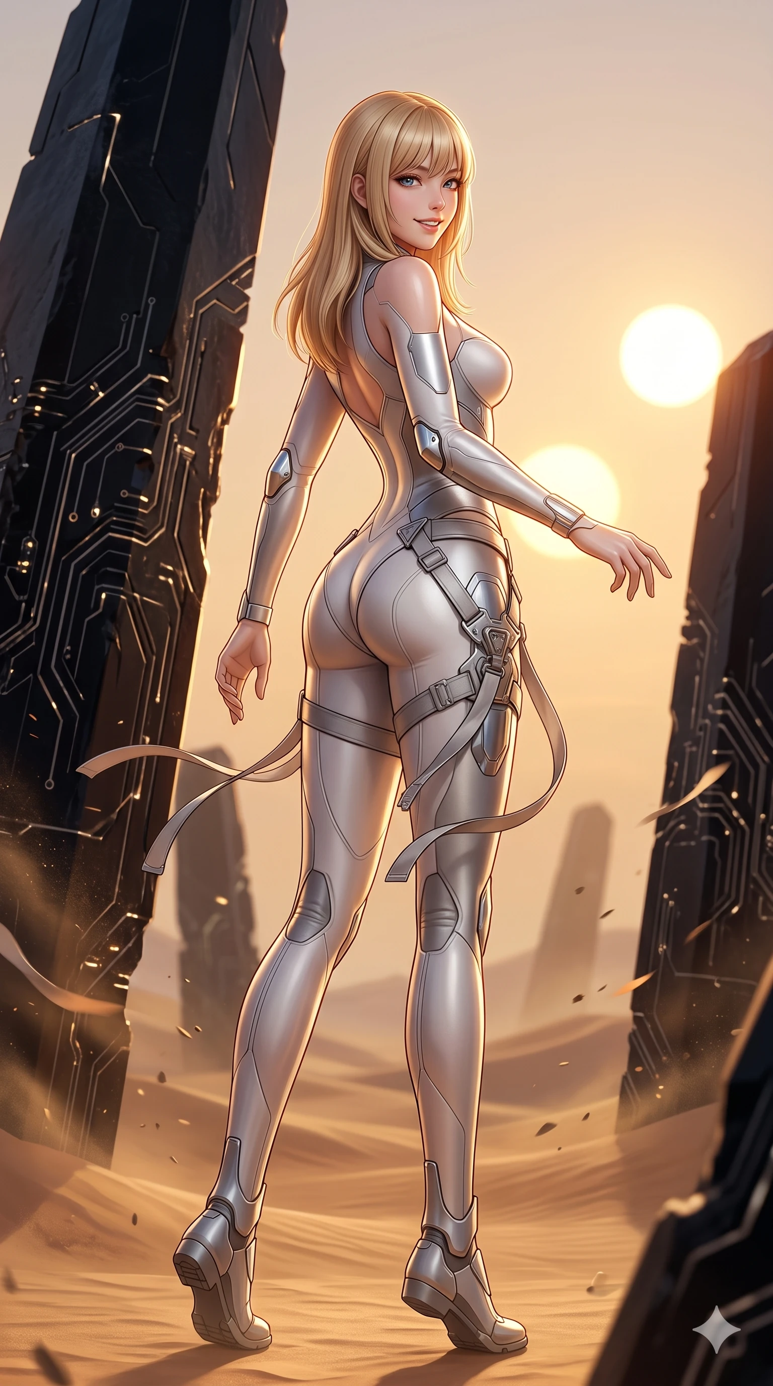 score_9, masterpiece, best quality, ultra-detailed, high-budget anime keyframe, semi-realistic 3D game render, editorial fashion photography, tasteful artistic composition, Japanese woman. low angle full-body shot from head to toe showing her feet, filling the entire 9:16 vertical frame with her statuesque presence, stretching her vertical silhouette. executing a cheerful mid-motion pivot turn as her tactical belt and ribbons flutter around her slender legs, glancing over her shoulder with an intoxicating, teasing bedroom-gaze while standing poised between colossal black obsidian monoliths rising from alien dunes, arching her back with sovereign ancient-future grace under twin setting suns. The background shows a soft-focus planetary dust haze softened in alien obsidian desert shallow focus. She has an absolutely perfect, statuesque 8.5-heads proportion, an exceptionally tall and slender model-like female figure with impossibly long slender legs, an ultra-slim waist, a flat toned midriff, narrow delicate ribcage, and beautifully sculpted feminine hips creating a graceful, slim hourglass silhouette without any bulky heaviness. sharp v-shaped jawline, high-bridge nose, intricate jewel-like sparkling eyes with depth, thick eyelashes, glossy parted lips with a natural sheen, bright confident smile with an enchanting and coquettish sensual glint, exuding both youthful magnetic charm and sovereign high-tech allure, flawlessly proportioned anatomical accuracy, strict slender model proportions, natural body alignment, perfectly sculpted long slender limbs, ultra-slim waistline, clean dynamic posture without body distortion. wearing a dense tactical compression bodysuit with sweetheart neckline contouring her delicate ribcage and feminine hips in pure alabaster white and brushed silver accents, tailored from brushed aeronautical titanium alloy with matte satin sheen, accented with strategically placed chrome armor plate guards covering key curves, the bespoke structured tailoring following the natural line of her 8.5-heads silhouette with refined elegance. illuminated by glowing monolith circuit veins and sharp golden-amber rim lights sculpting her razor-sharp jawline, narrow waist, and curvy hips. highly saturated vibrant anime colors, detailed shading with soft gradients, rich glossy textures, high-contrast stereoscopic depth, volumetric dynamic lighting, master piece, 9:16 ratio