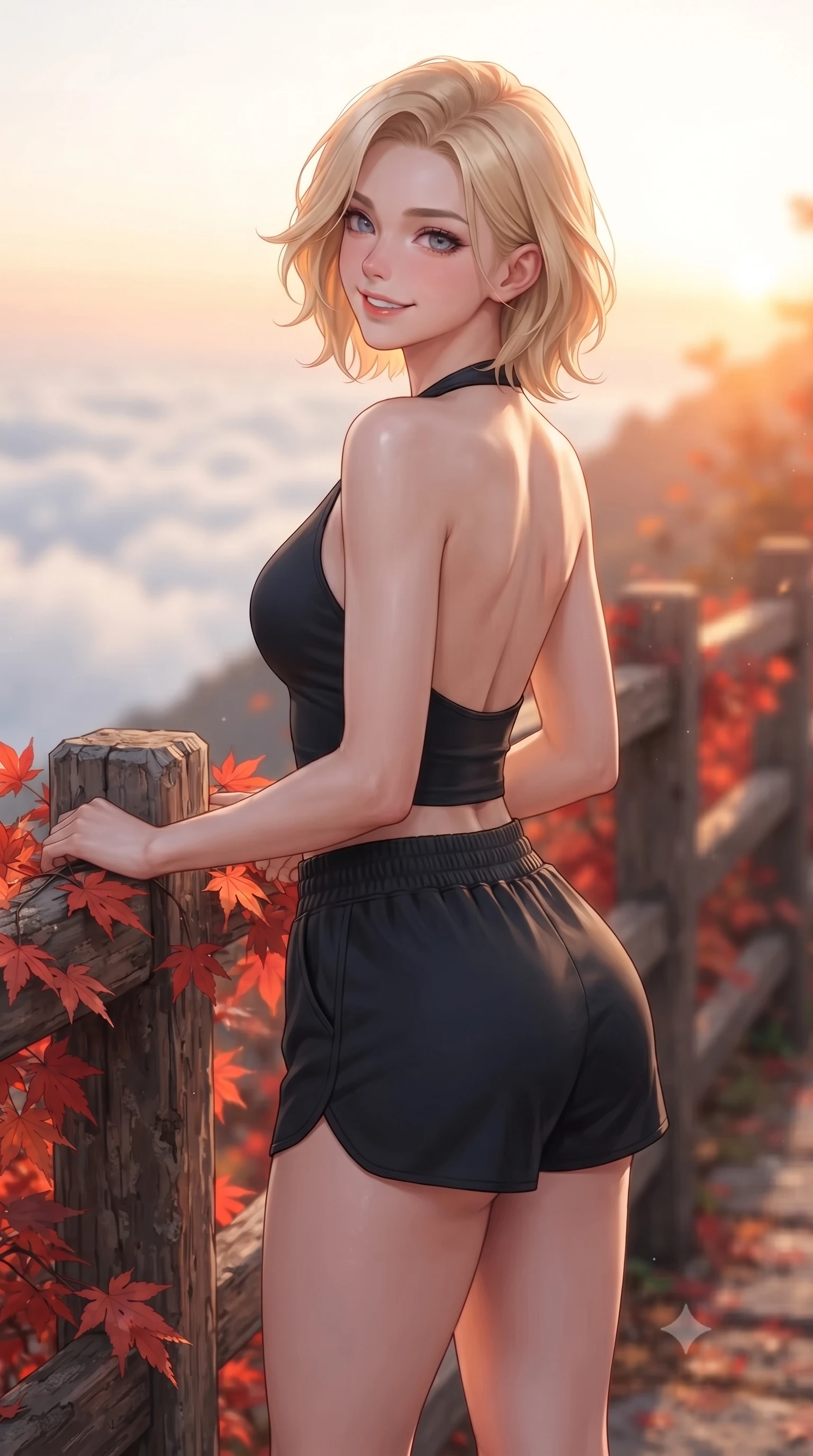 score_9, masterpiece, best quality, ultra-detailed, high-budget anime keyframe, editorial fashion photography, tasteful artistic composition, Caucasian woman. close-up cowboy shot from the waist and thighs up, the character dominates the composition, filling the frame with her large presence, background elements kept in soft focus. smiling with a playful and cute half-smile, glancing sidelong over her shoulder set against a soft-focus background of walking through an autumn mountain path covered in red maple leaves resting on a wooden fence with a view of the distant clouds below. She has an exceptionally elegant, slender, and willowy female figure with an ultra-slim waist, a gracefully sculpted slender torso, and a refined silhouette. sharp v-shaped jawline, high-bridge nose, intricate jewel-like eyes with depth, thick eyelashes, glossy lips with a natural sheen. wearing tailored backless activewear halter top in black, paired with sporty shorts. cool morning mountain air diffusing the bright orange sunrise glow. ultra-reflective glossy finish, specular highlights, metallic sheen, high-contrast stereoscopic depth, volumetric dynamic lighting, 2k, ultra detail, master piece, 9:16 ratio