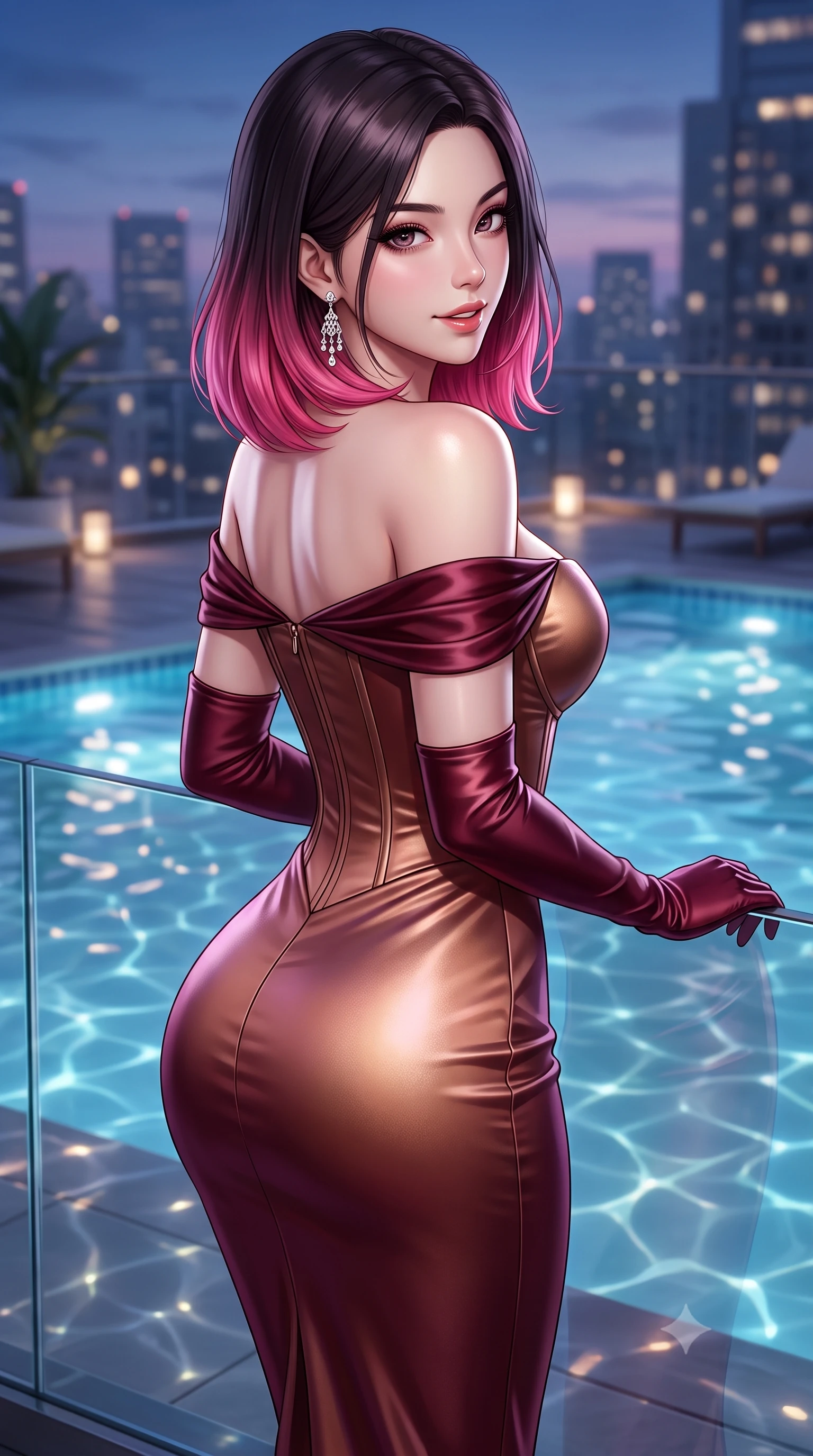 score_9, masterpiece, best quality, ultra-detailed, high-budget anime keyframe, semi-realistic 3D game render, editorial fashion photography, tasteful artistic composition, Korean woman. close-up cowboy shot from the waist and thighs up, the character dominates the composition, filling the frame with her large presence. turning over a bare shoulder with an intoxicating, teasing smile, her soft hair framing her sharp jawline as her hips angle gracefully while resting both hands on the low glass railing with lower back arched, casting an alluring over-the-shoulder bedroom-glance toward the camera. The composition keeps background elements in soft focus with creamy bokeh. shimmering pool caustics and city light reflections scattering radiant light motes across the deck. She has an exceptionally elegant, slender, and willowy female figure with an ultra-slim waist, a gracefully sculpted slender torso, toned flat midriff, and rounded feminine hips creating an alluring hourglass silhouette. sharp v-shaped jawline, high-bridge nose, intricate jewel-like eyes with depth, thick eyelashes, glossy parted lips with a natural sheen, intensely captivating and seductive bedroom-eyes expression, flawlessly proportioned anatomical accuracy, strict slender model proportions, natural body alignment, perfectly sculpted long slender limbs, ultra-slim waistline, clean dynamic posture without body distortion. wearing a statuesque off-shoulder evening dress with a boned corset bodice and bodycon silhouette in rich wine burgundy and liquid bronze, tailored from ultra-smooth duchess satin with a pearlescent sheen, complemented by opera-length satin gloves and sparkling chandelier earrings, the form-contouring material adhering flawlessly to her sculpted flat midriff and slender torso, emphasizing her long leg lines and perfectly proportioned willowy build. surrounded by a cosmopolitan, elite, and intensely magnetic modern royalty aura. highly saturated vibrant anime colors, detailed shading with soft gradients, rich glossy textures, high-contrast stereoscopic depth, volumetric dynamic lighting, master piece, 9:16 ratio