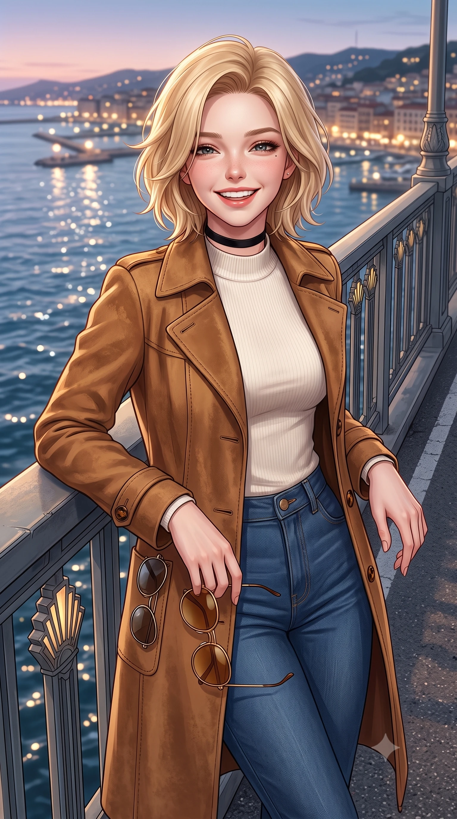 score_9, masterpiece, best quality, ultra-detailed, high-budget anime keyframe, semi-realistic 3D game render, editorial fashion photography, tasteful artistic composition, Caucasian woman. close-up cowboy shot from the waist and thighs up, the character dominates the composition, filling the frame with her large presence. laughing softly with genuine, enchanting warmth, eyes crinkling sweetly as specular highlights illuminate her cheeks while resting against the bridge railing overlooking shimmering harbor lights, looking directly into the camera with starry eyes. The surrounding environment is rendered in vivid detail and crisp panoramic clarity. detailed ocean water surface textures, art-deco lamp post reliefs, and asphalt grain in high resolution. She has an exceptionally elegant, slender, and willowy female figure with an ultra-slim waist, a gracefully sculpted slender torso, toned flat midriff, and a refined slim silhouette. sharp v-shaped jawline, high-bridge nose, intricate jewel-like eyes with depth, thick eyelashes, glossy lips with a natural sheen, captivating and magnetic expression, flawlessly proportioned anatomical accuracy, strict slender model proportions, natural body alignment, perfectly sculpted long slender limbs, ultra-slim waistline, clean dynamic posture without body distortion. wearing a stylish retro suede trench coat over a fitted mock-neck knit top and high-waist tailored slacks in vintage camel brown and washed indigo denim, tailored from velvety soft genuine suede with classic stitched seams, finished with a delicate black velvet ribbon choker and vintage sunglasses, the sleek tailored cut tightly hugging her graceful clavicle, narrow waist, and feminine curves with statuesque precision. surrounded by a free-spirited, glamorous, and wonderfully nostalgic midnight road-trip queen aura. highly saturated vibrant anime colors, detailed shading with soft gradients, rich glossy textures, high-contrast stereoscopic depth, volumetric dynamic lighting, master piece, 9:16 ratio