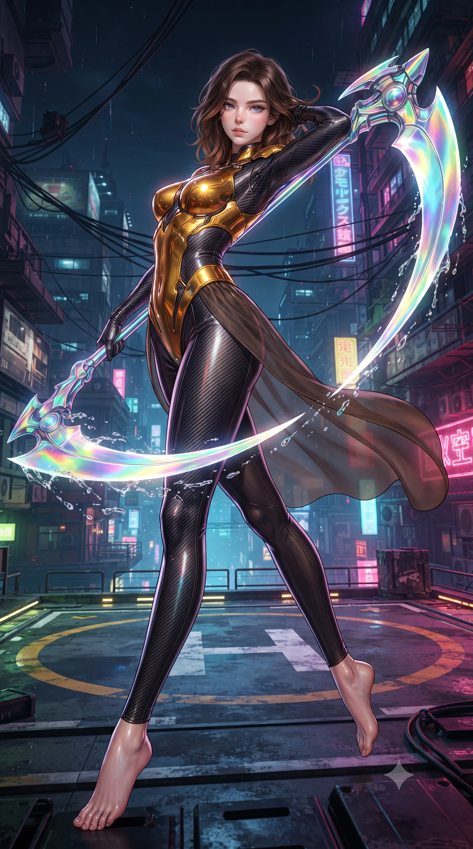 score_9, masterpiece, best quality, ultra-detailed, high-budget anime keyframe, editorial fashion photography, tasteful artistic composition, Korean woman. low angle full-body shot from head to toe showing her feet, filling the entire 9:16 vertical frame with her statuesque presence, stretching her vertical silhouette. arching her back gracefully in mid-air during a dynamic combat vault, her weapon energy trail framing her statuesque presence while pivoting dynamically across the illuminated helipad markings as neon rain droplets splash off her glowing energy blade. The surrounding environment is rendered in vivid detail and crisp panoramic clarity. high-contrast tactical chiaroscuro and atmospheric cyberpunk urban textures captured with precision. She has an absolutely perfect, statuesque 8.5-heads proportion, an exceptionally tall and slender model-like female figure with impossibly long slender legs, a toned flat midriff, and an ultra-slim waist. sharp v-shaped jawline, high-bridge nose, intricate jewel-like eyes with depth, thick eyelashes, glossy lips with a natural sheen, flawlessly proportioned anatomical accuracy, strict slender model proportions, natural body alignment, perfectly sculpted long slender limbs, ultra-slim waistline, clean dynamic posture without body distortion. wearing a sculpted molten-gold and dark carbon cuirass paired with high-mobility combat leggings and sheer side drapes, wielding a glowing plasma energy scythe with fluid grace in high-gloss iridescent rainbow carbon with prism holographic sheen, made of lightweight aerodynamic carbon-titanium alloy with polished edge bevels, detailed with magnetic weapon holsters and polished chrome connection clasps, the glove-like aerodynamic second-skin fit tightly clinging to her ultra-slender waist and athletic curves without adding bulk, accentuating her razor-sharp statuesque lines and slim hourglass silhouette. illuminated by crisp white key lighting with sharp specular highlights tracing her sculpted carbon armor curves. ultra-reflective glossy finish, specular highlights, dark metallic sheen, high-contrast stereoscopic depth, volumetric dynamic lighting, 2k, ultra detail, master piece, 9:16 ratio