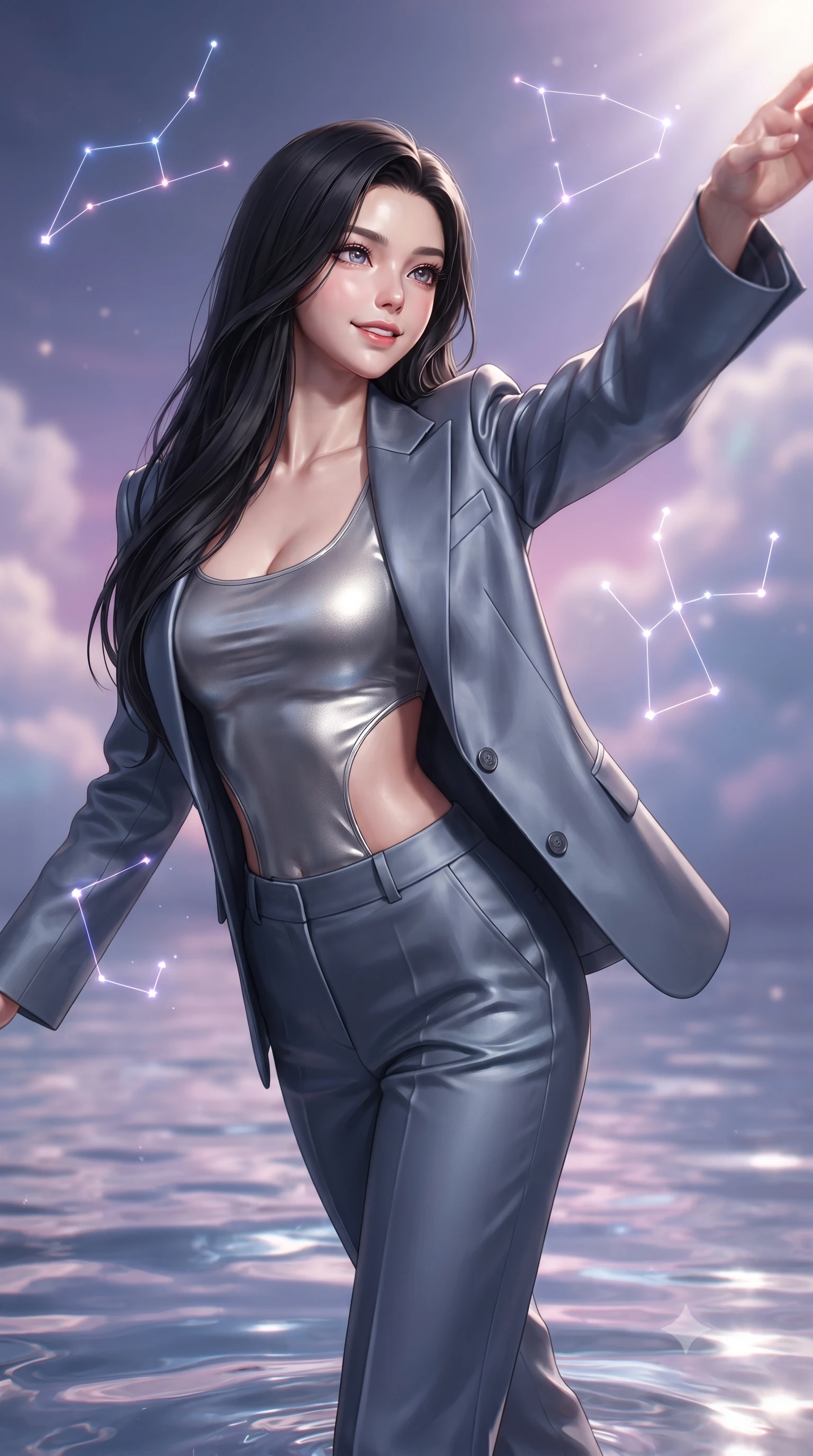 score_9, masterpiece, best quality, ultra-detailed, high-budget anime keyframe, editorial fashion photography, tasteful artistic composition, Korean woman. close-up cowboy shot from the waist and thighs up, the character dominates the composition, filling the frame with her large presence, background elements kept in soft focus. Extending one arm in an elegant stretch toward the light while smiling with magnetic self-assurance while pivoting her torso in an S-curve alignment on a reflective liquid mercury reef, glowing neon constellation lines floating in the air with vintage elegancy. She has an exceptionally elegant, slender, and willowy female figure with an ultra-slim waist, a gracefully sculpted slender torso, and a refined silhouette. sharp v-shaped jawline, high-bridge nose, intricate jewel-like eyes with depth, thick eyelashes, glossy lips with a natural sheen, flawlessly proportioned anatomical accuracy, natural body alignment, perfectly sculpted elegant limbs, clean dynamic posture without body distortion. wearing a tailored silk blazer over a form-contouring scoop-neck top and slacks in slate blue and metallic silver, woven from fine semi-opaque sheer organza, featuring clean architectural cutouts along her slender torso, the form-contouring material highlighting her ultra-slim waist and long lines. surrounded by a dreamlike vaporwave ambiance with smooth gradients. ultra-reflective glossy finish, specular highlights, metallic sheen, high-contrast stereoscopic depth, volumetric dynamic lighting, 2k, ultra detail, master piece, 9:16 ratio