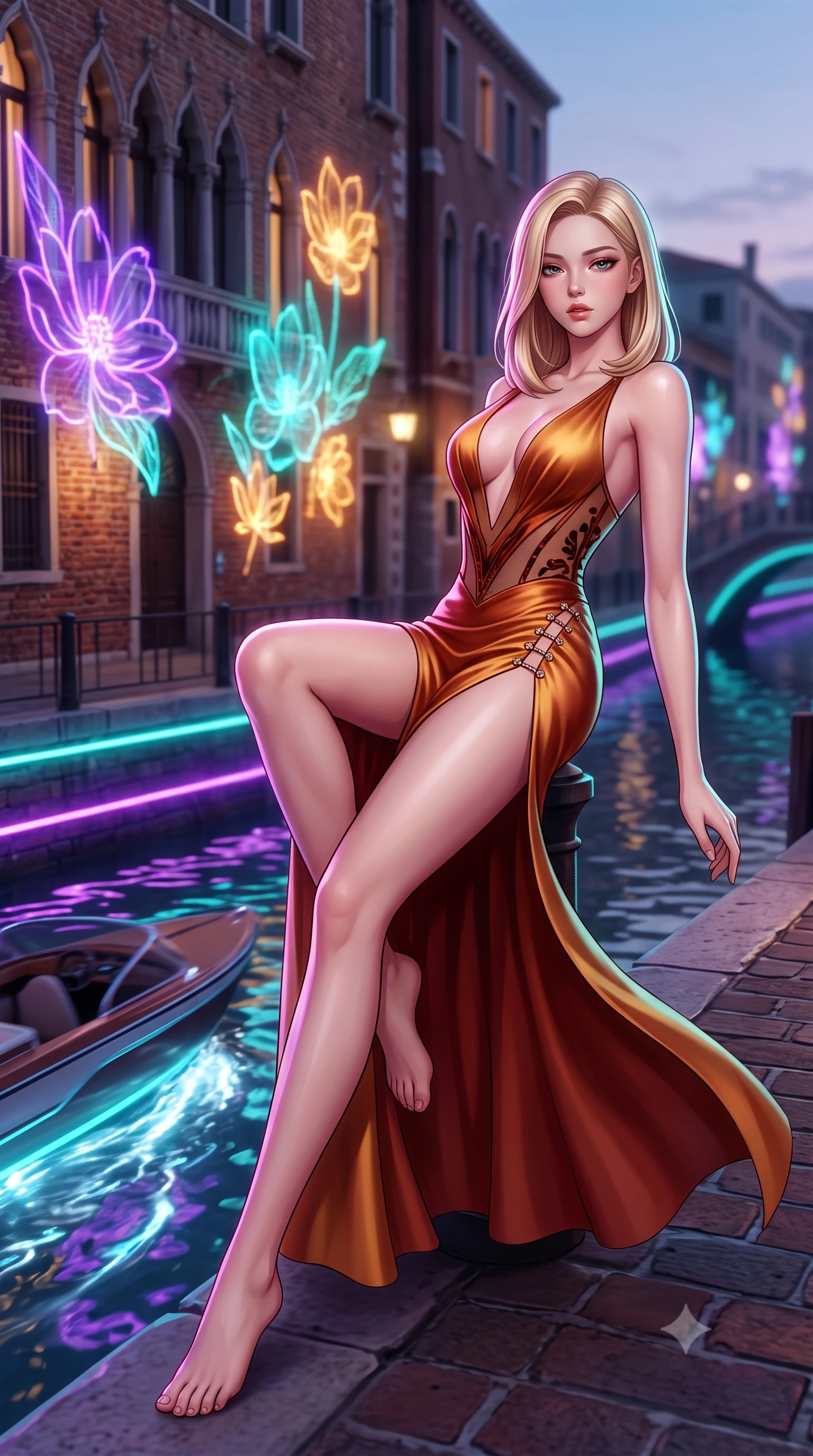 score_9, masterpiece, best quality, ultra-detailed, high-budget anime keyframe, semi-realistic 3D game render, editorial fashion photography, tasteful artistic composition, Korean woman. low angle full-body shot from head to toe showing her feet, filling the entire 9:16 vertical frame with her statuesque presence, stretching her vertical silhouette. reclining on her side in an elegant Cleopatra pose with one knee drawn up, the dramatic contour of her rounded hips and long slender legs commanding the 9:16 vertical frame while turning in an alluring contrapposto stance along the historic brick waterfront, her high-slit dress fluttering as passing electric watercraft stir luminous ripples. The composition keeps background elements in soft focus with creamy bokeh. illuminated gothic canal facades and glowing holographic floral projections blurred into electric violet, turquoise, and amber bokeh. She has an exceptionally tall and slender model-like 8.5-heads proportion, an ultra-slim waist, a flat toned midriff, narrow delicate ribcage, and beautifully sculpted feminine hips creating a graceful, slim hourglass silhouette without any bulky heaviness, with impossibly long slender legs. sharp v-shaped jawline, high-bridge nose, intricate jewel-like eyes with depth, thick eyelashes, glossy parted lips with a natural sheen, intensely captivating and seductive bedroom-eyes expression, flawlessly proportioned anatomical accuracy, strict slender model proportions, natural body alignment, perfectly sculpted long slender limbs, ultra-slim waistline, clean dynamic posture without body distortion. wearing a plunging-V neckline duchess satin gown with high side slits ascending to the high hip in molten desert gold and burnt terracotta, made of sheer contouring power-mesh with velvet flocking patterns, finished with an ultra-high side slit secured by miniature jeweled clasps, the second-skin form-contouring cut accentuating her sculpted flat midriff, narrow delicate ribcage, and gracefully curvy hips with supermodel precision. bathed in rich neon violet and turquoise canal edge lights contrasting with soft ambient dome twilight. highly saturated vibrant anime colors, detailed shading with soft gradients, rich glossy textures, high-contrast stereoscopic depth, volumetric dynamic lighting, master piece, 9:16 ratio