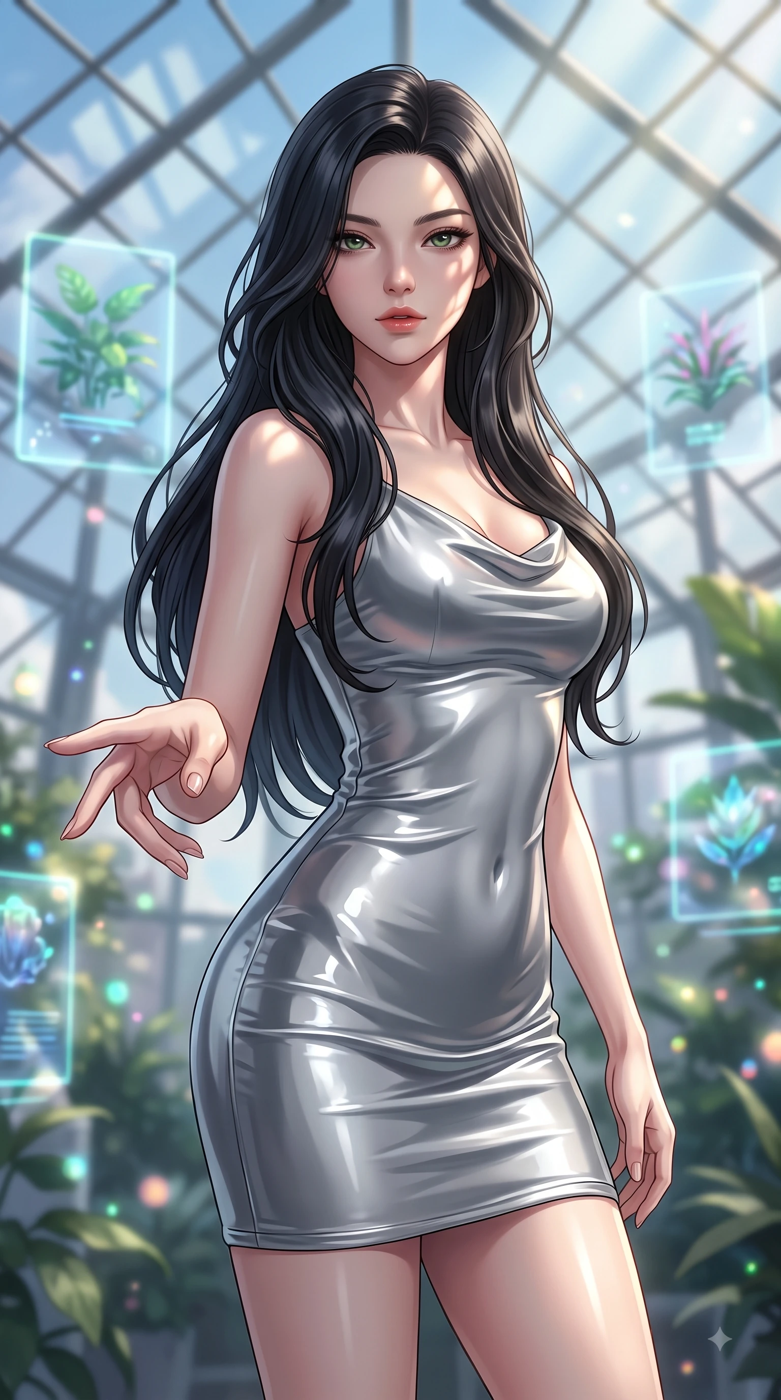 score_9, masterpiece, best quality, ultra-detailed, high-budget anime keyframe, editorial fashion photography, tasteful artistic composition, Korean woman woman. close-up cowboy shot from the waist and thighs up, the character dominates the composition, filling the frame with her large presence, background elements kept in soft focus. She has an exceptionally elegant, slender, and willowy female figure with an ultra-slim waist, a gracefully sculpted slender torso, and a refined silhouette. reaching one hand toward the viewer with relaxed elegance, her gaze holding quiet authority, flawlessly proportioned anatomical accuracy, natural body alignment, perfectly sculpted elegant limbs, clean dynamic posture without body distortion. set against a soft-focus background of a futuristic botanical pavilion with floating hologram plants. wearing a sleek bodycon liquid silver jersey dress hugging every curve with a subtle cowl neckline. bathed in dappled morning sunlight filtering through glass roof grid structures. highly saturated vibrant anime colors, detailed shading with soft gradients, rich glossy textures, high-contrast stereoscopic depth, volumetric dynamic lighting, master piece, 9:16 ratio