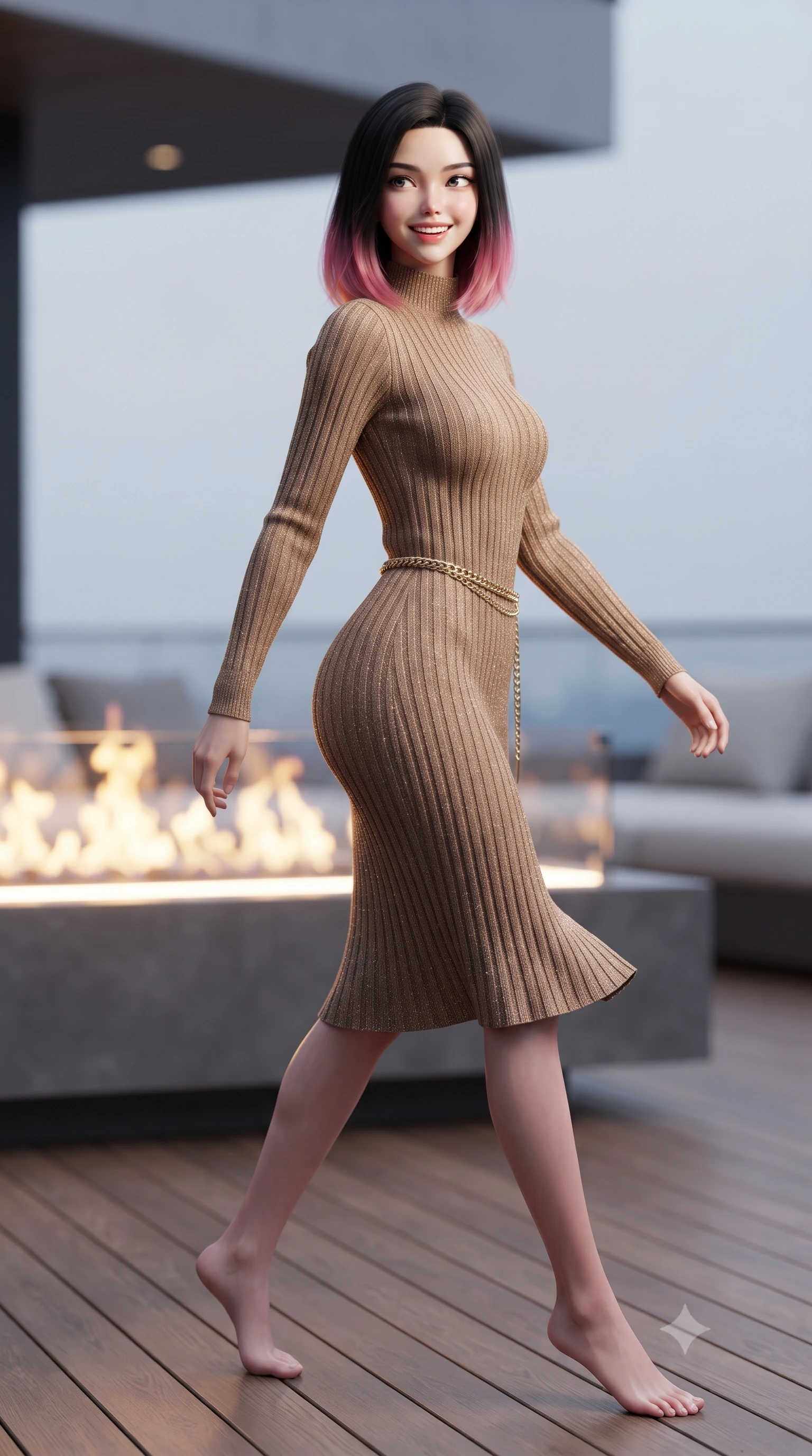 score_9, masterpiece, best quality, ultra-detailed, high-budget anime keyframe, editorial fashion photography, tasteful artistic composition, Korean woman. low angle full-body shot from head to toe showing her feet, filling the entire 9:16 vertical frame with her statuesque presence, stretching her vertical silhouette. executing an elegant pivot turn as the hem of her form-fitting knit sways rhythmically, glancing back with joyful radiance and seductive allure while walking along the snow-free teak heated deck with confident model stride, her shearling coat collar turned up against the crisp mountain breeze. The background shows a soft-focus sleek minimalist gas fire pit flames softened in high-altitude futuristic luxury shallow focus. She has an exceptionally tall and slender model-like 8.5-heads proportion, an ultra-slim waist, a flat toned midriff, narrow delicate ribcage, and beautifully sculpted feminine hips creating a graceful, slim hourglass silhouette without any bulky heaviness, with impossibly long slender legs. sharp v-shaped jawline, high-bridge nose, intricate jewel-like sparkling eyes with depth, thick eyelashes, glossy parted lips with a natural peach sheen, bright cheerful beaming smile with an enchanting and coquettish sensual glint, exuding both youthful cute charm and seductive allure, flawlessly proportioned anatomical accuracy, strict slender model proportions, natural body alignment, perfectly sculpted long slender limbs, ultra-slim waistline, clean dynamic posture without body distortion. wearing a sculpted cable-ribbed cashmere bodycon sweater dress with long fitted sleeves and a snug mock-neck tracing her slender silhouette in Saint-Germain camel wool and warm espresso, woven from stretch metallic lurex knit casting subtle luminous champagne glints across her contours, finished with a sleek gold chain belt resting snugly across her narrow waist and curving hips, the body-conscious tailored knit hugging her sculpted torso and curvaceous hips in a seamless, fluid line that highlights her statuesque model proportions. illuminated by crisp platinum rim lights and soft fire pit warmth sculpting her cheekbones, narrow waist, and athletic statuesque build. ultra-reflective glossy finish, specular highlights, rich textural contrasts, high-contrast stereoscopic depth, volumetric dynamic lighting, 2k, ultra detail, master piece, 9:16 ratio
