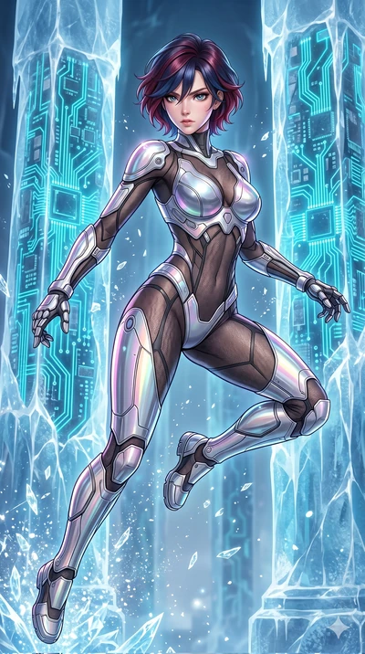 score_9, masterpiece, best quality, ultra-detailed, high-budget anime keyframe, Caucasian woman, strictly human ears. upper body close-up from the thighs up, character filling the screen for maximum presence. leaping inside a sub-zero cybernetic ice 