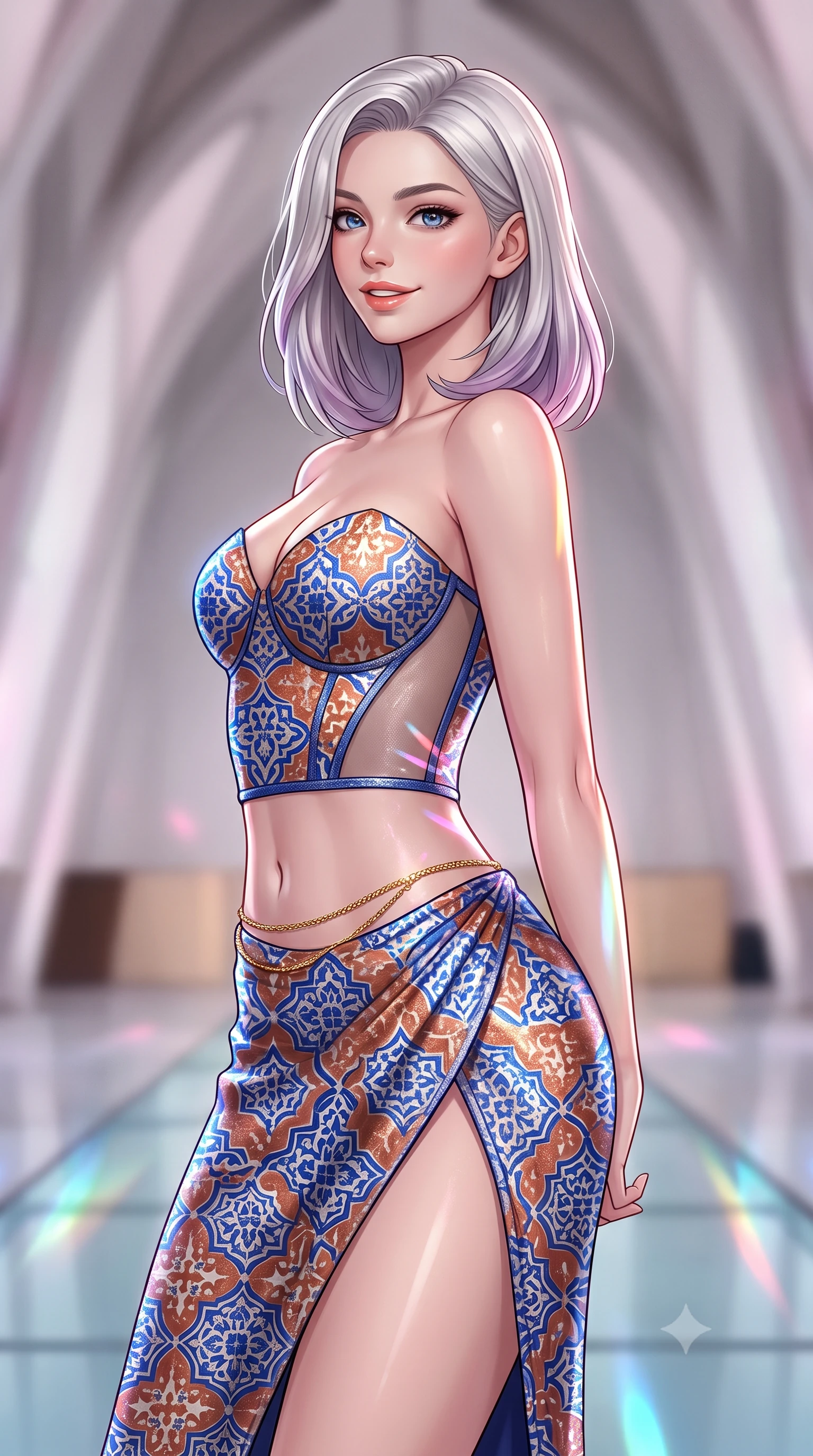 score_9, masterpiece, best quality, ultra-detailed, high-budget anime keyframe, editorial fashion photography, tasteful artistic composition, Caucasian woman. close-up cowboy shot from the waist and thighs up, the character dominates the composition, filling the frame with her large presence. posing in an alluring rear three-quarter angle, looking over a bare shoulder with parted glossy lips, her hips cocked back to highlight her slim hourglass curve while twisting her slender torso in an alluring S-curve, shifting iridescent pink and cyan glass reflections dancing across her flat midriff and hips. The background shows a soft-focus soaring architectural ceiling voids softened in iconic Nordic cultural landmark shallow focus. She has an exceptionally elegant, slender, and willowy female figure with an ultra-slim waist, flat toned midriff, narrow ribcage, and sculpted feminine hips creating an alluring, slim hourglass silhouette without bulk. sharp v-shaped jawline, high-bridge nose, intricate jewel-like sparkling eyes with depth, thick eyelashes, glossy parted lips with a natural peach sheen, bright cheerful beaming smile with an enchanting and coquettish sensual glint, exuding both youthful cute charm and seductive allure, flawlessly proportioned anatomical accuracy, strict slender model proportions, natural body alignment, perfectly sculpted long slender limbs, ultra-slim waistline, clean dynamic posture without body distortion. wearing an alluring plunging sweetheart bustier dress with sheer mesh side-waist cutouts contouring her ribs in Andalusian Alhambra azulejo cobalt and warm terracotta copper, woven from stretch metallic lurex jersey casting radiant starlight glints across her curves, accented with a dainty gold belly chain resting across her flat midriff and curving hips, the high-slit wrap tailoring accentuating her ultra-slim waistline and the enchanting curve of her feminine hips with alluring seductive charm. illuminated by glass floor reflection bounce and sharp prism-rainbow rim lights defining her razor-sharp jawline, narrow waist, and curvy hips. ultra-reflective glossy finish, specular highlights, rich textural contrasts, high-contrast stereoscopic depth, volumetric dynamic lighting, 2k, ultra detail, master piece, 9:16 ratio