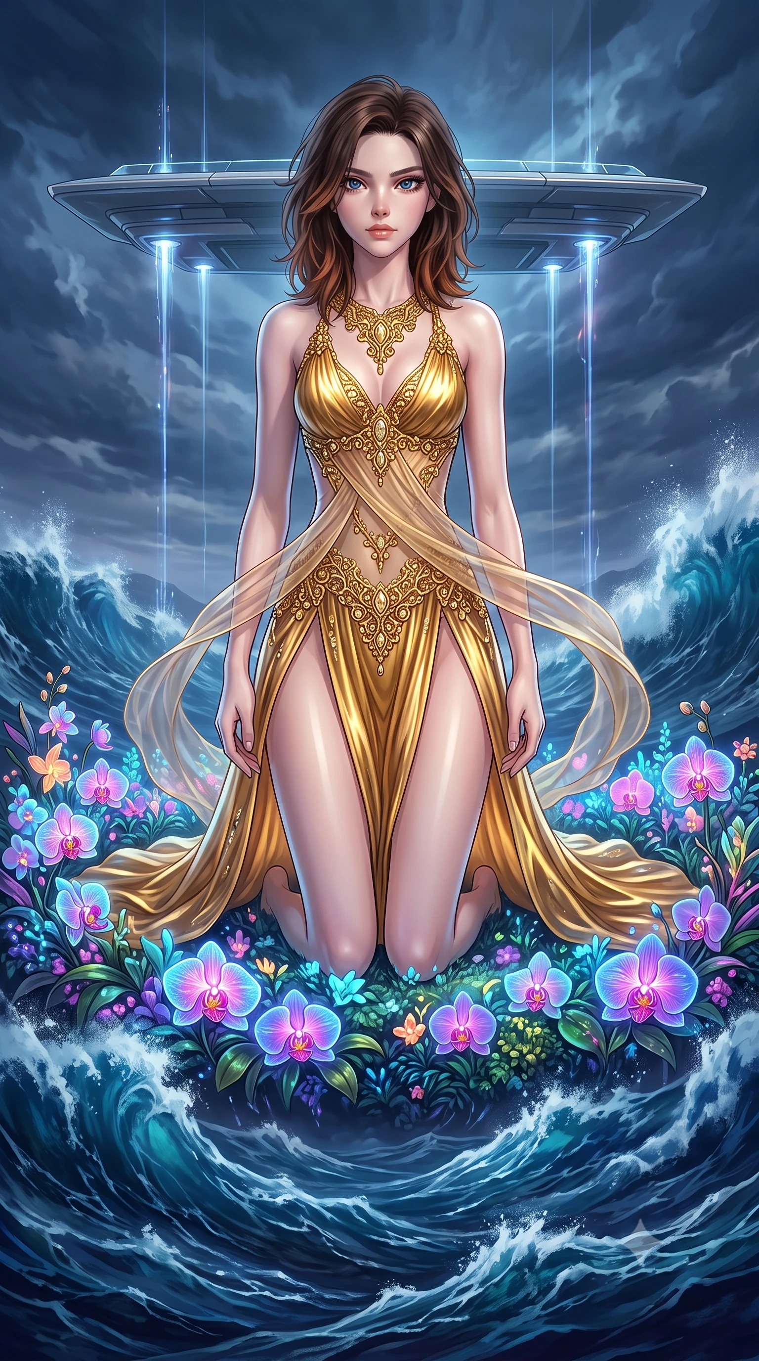 score_9, masterpiece, best quality, ultra-detailed, High-budget Anime Keyframe, East Asian woman. Dynamic full-body shot stretching the vertical silhouette to the limit. Scenario 282: kneeling on a soft bed of glowing neon orchids under a floating platform suspended over a stormy sea of dark blue water. Her presence is magnetic and overpowering in this high-budget anime scene. Outfit 282: a slim-fit molten liquid silk gold with a high-cut leg line and translucent layers. The clothing is designed to emphasize her exceptionally tall and slender 8-heads proportion. 8-heads proportion, towering silhouette, ultra-slim waist. sharp v-shaped jawline, intricate jewel-like eyes with depth, thick eyelashes, glossy lips. 2k, ultra detail, master piece, 9:16 ratio