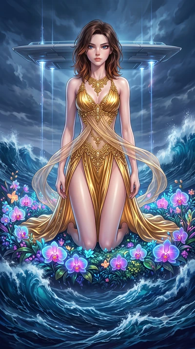 score_9, masterpiece, best quality, ultra-detailed, High-budget Anime Keyframe, East Asian woman. Dynamic full-body shot stretching the vertical silhouette to the limit. Scenario 282: kneeling on a soft bed of glowing neon orchids under a floating pl