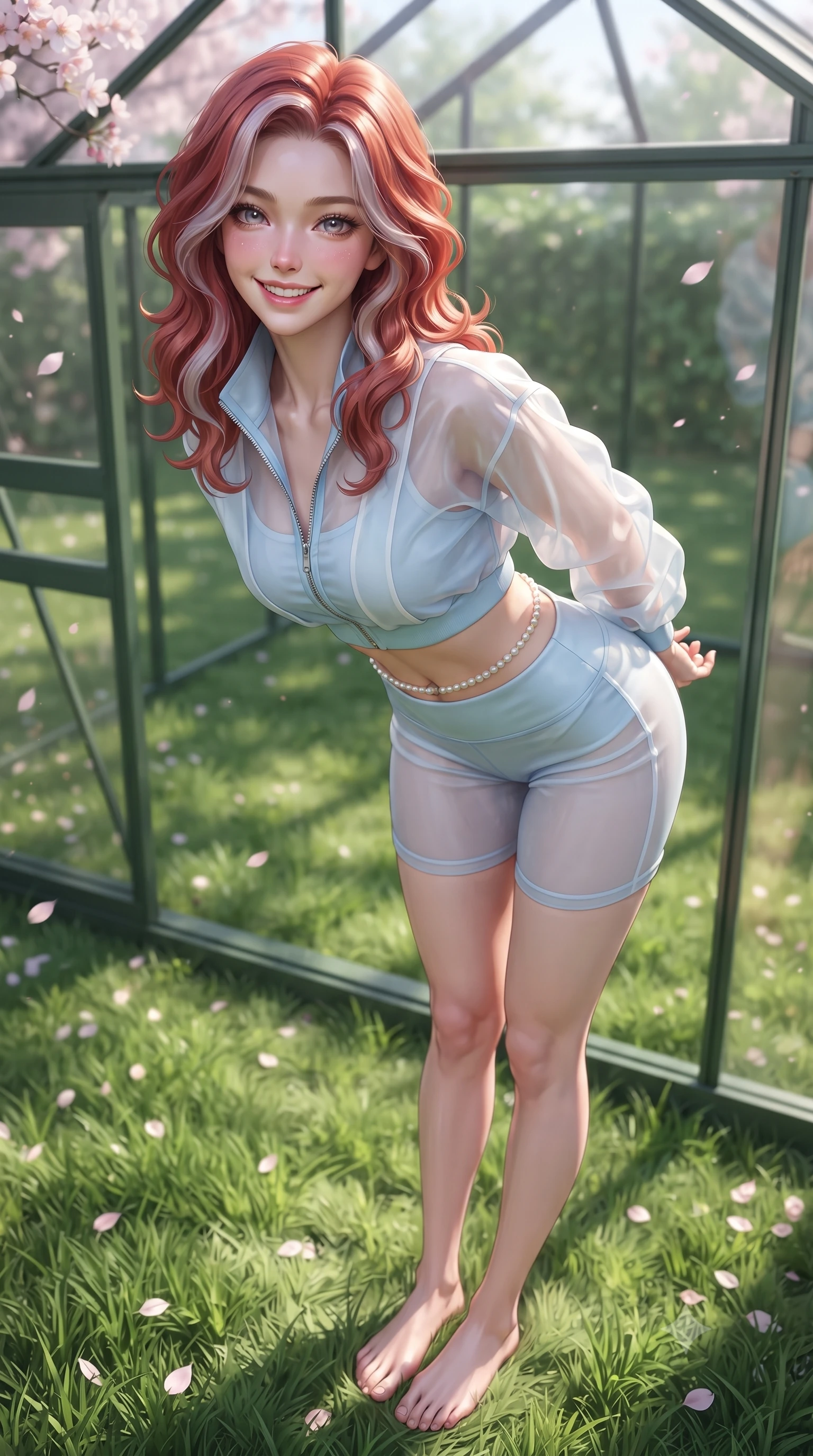 score_9, masterpiece, best quality, ultra-detailed, high-budget anime keyframe, editorial fashion photography, tasteful artistic composition, Caucasian woman. close-up cowboy shot from the waist and thighs up, the character dominates the composition, filling the frame with her large presence. resting both hands lightly behind her back while leaning toward the lens with a cheerful, teasing grin, her form-fitting outfit hugging her narrow waist and feminine hip curve while walking barefoot along the soft green grass, twisting her slender torso in an alluring contrapposto stance with a joyful, beaming expression. The surrounding environment is rendered in vivid detail and crisp panoramic clarity. sharp cherry blossom petal venation, lush grass textures, and greenhouse glass frame lines in deep focus. She has an exceptionally elegant, slender, and willowy female figure with an ultra-slim waist, flat toned midriff, narrow ribcage, and sculpted feminine hips creating an alluring, slim hourglass silhouette without bulk. sharp v-shaped jawline, high-bridge nose, intricate jewel-like sparkling eyes with depth, thick eyelashes, glossy parted lips with a natural peach sheen, bright cheerful beaming smile with an enchanting and coquettish sensual glint, exuding both youthful cute charm and seductive allure, flawlessly proportioned anatomical accuracy, strict slender model proportions, natural body alignment, perfectly sculpted long slender limbs, ultra-slim waistline, clean dynamic posture without body distortion. wearing a sporty chic zip-up crop jacket paired with high-waisted biker shorts clinging to her athletic hips in soft baby blue and crisp cloud white, woven from layered gossamer organza with weightless flutter, accented with a dainty pearl waist chain catching the ambient sunlight, the glove-like silhouette tightly following the natural contour of her hips and long slender legs with youthful 8.5-heads elegance. illuminated by soft grass bounce light contouring her sculpted collarbones, ultra-slim waist, and curvy hips. ultra-reflective glossy finish, specular highlights, rich textural contrasts, high-contrast stereoscopic depth, volumetric dynamic lighting, 2k, ultra detail, master piece, 9:16 ratio