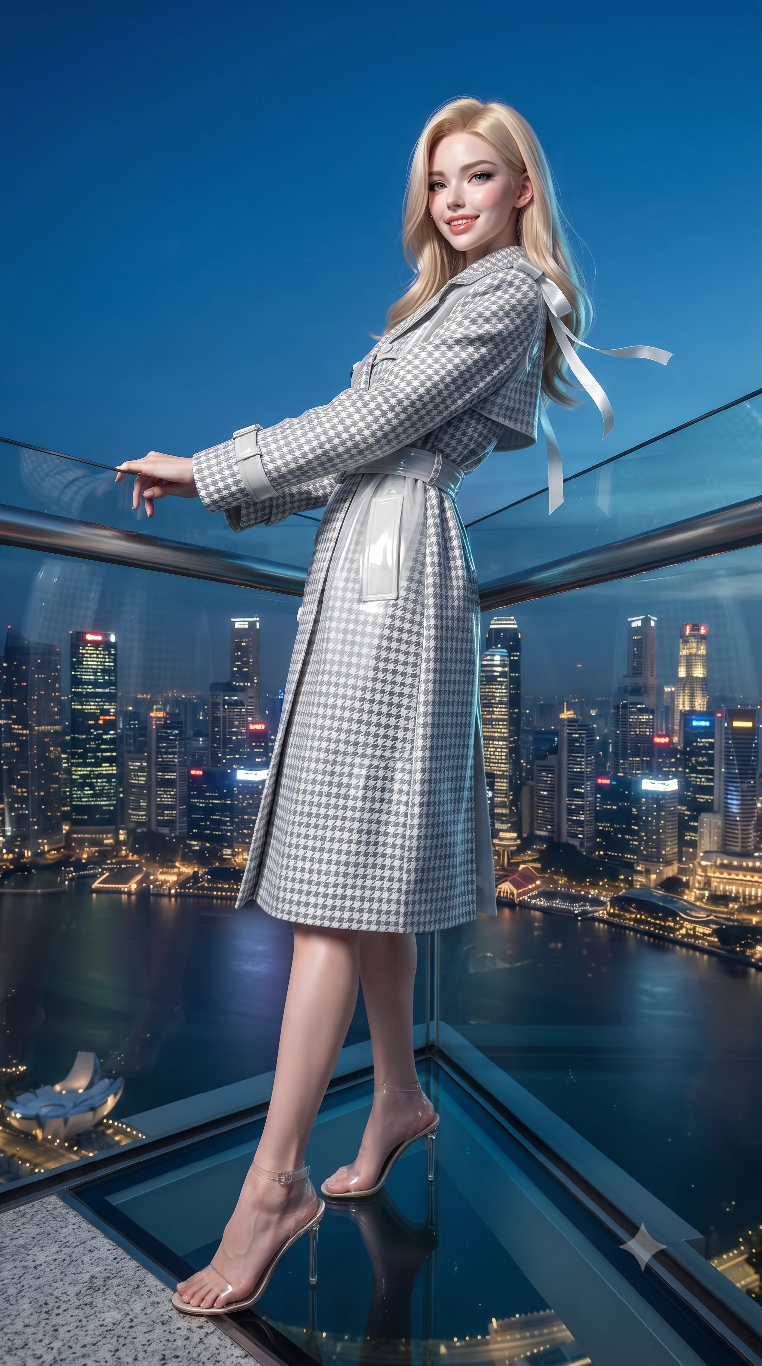 score_9, masterpiece, best quality, ultra-detailed, high-budget anime keyframe, editorial fashion photography, tasteful artistic composition, Korean woman. low angle full-body shot from head to toe showing her feet, filling the entire 9:16 vertical frame with her statuesque presence, stretching her vertical silhouette. leaning deep against the balcony balustrade with hips cocked back in an unapologetically alluring high-fashion stance, casting an intoxicating glance while standing poised on the cantilevered glass viewing deck 200 meters above the bay, arching her spine with sovereign supermodel poise as the illuminated Singapore skyline blazes. The surrounding environment is rendered in vivid detail and crisp panoramic clarity: sharp structural glass corner bevels, polished white granite floor joints, and stainless steel expansion joint hardware in deep focus. She has an exceptionally tall and slender model-like 8.5-heads proportion, an ultra-slim waist, a flat toned midriff, narrow delicate ribcage, and beautifully sculpted feminine hips creating a graceful, slim hourglass silhouette without any bulky heaviness, with impossibly long slender legs. sharp v-shaped jawline, high-bridge nose, intricate jewel-like sparkling eyes with depth, thick eyelashes, glossy parted lips with a natural peach sheen, bright cheerful beaming smile with an enchanting and coquettish sensual glint, exuding both youthful cute charm and seductive allure, flawlessly proportioned anatomical accuracy, strict slender model proportions, natural body alignment, perfectly sculpted long slender limbs, ultra-slim waistline, clean dynamic posture without body distortion. wearing a structured Viennese secessionist houndstooth trench coat with belted waist and storm flaps in pure translucent crystal white and liquid platinum, tailored from ultra-plush silk velvet with rich tactile depth and deep shadow gradients, finished with satin ribbon ties at the shoulders fluttering in the gentle breeze, the impeccably tailored cut draping gracefully along her slender figure with aristocratic poise. illuminated by bay water reflection bounce and sharp platinum-cyan rim lights sculpting her razor-sharp jawline, narrow waist, and curvy hips. ultra-reflective glossy finish, specular highlights, rich textural contrasts, high-contrast stereoscopic depth, volumetric dynamic lighting, 2k, ultra detail, master piece, 9:16 ratio