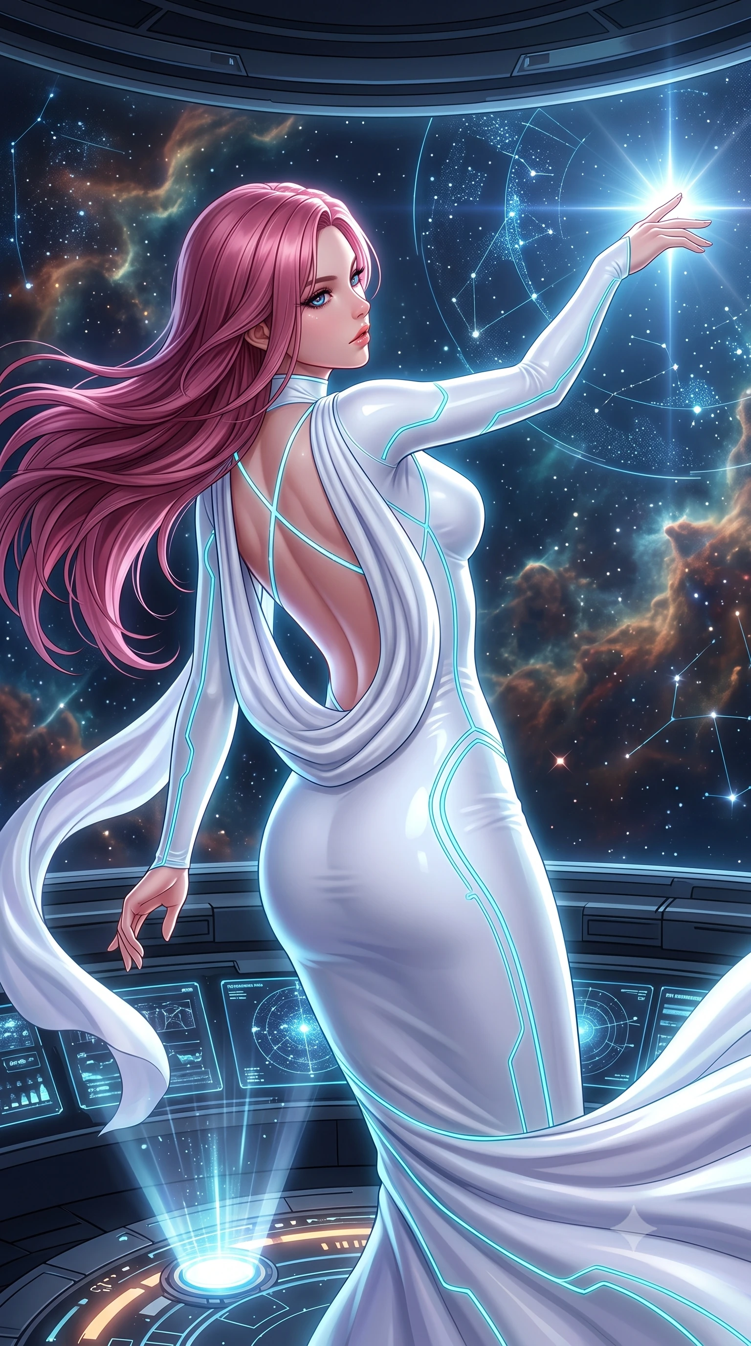 score_9, masterpiece, best quality, ultra-detailed, high-budget anime keyframe, semi-realistic 3D game render, editorial fashion photography, tasteful artistic composition, Japanese woman. close-up cowboy shot from the waist and thighs up, the character dominates the composition, filling the frame with her large presence. extending one arm gracefully toward the light while her torso arches in a sleek, alluring curve with magnetic intensity while arching her back in mid-air as zero-gravity causes her outfit and dark hair to billow in weightless grace. The surrounding environment is rendered in vivid detail and crisp panoramic clarity. sharp panoramic viewport framing, celestial gas filament textures, and holographic star charts in high resolution. She has an exceptionally elegant, slender, and willowy female figure with an ultra-slim waist, a gracefully sculpted slender torso, and a refined silhouette. sharp v-shaped jawline, high-bridge nose, intricate jewel-like eyes with depth, thick eyelashes, glossy lips with a natural sheen, flawlessly proportioned anatomical accuracy, natural body alignment, perfectly sculpted elegant limbs, clean dynamic posture without body distortion. wearing a precision-fitted liquid jersey bodycon dress with a dramatic draped cowl back that swoops down to her waist in pure snow white latex and glowing cyan circuit seams, tailored from semi-translucent cybernetic vinyl with glowing micro-filaments, complemented by criss-cross back straps highlighting her completely bare spine, the glove-like fit tightly following every curve of her statuesque athletic build. illuminated by glowing holographic console uplights and sharp starlight rim highlights. highly saturated vibrant anime colors, detailed shading with soft gradients, rich glossy textures, high-contrast stereoscopic depth, volumetric dynamic lighting, master piece, 9:16 ratio