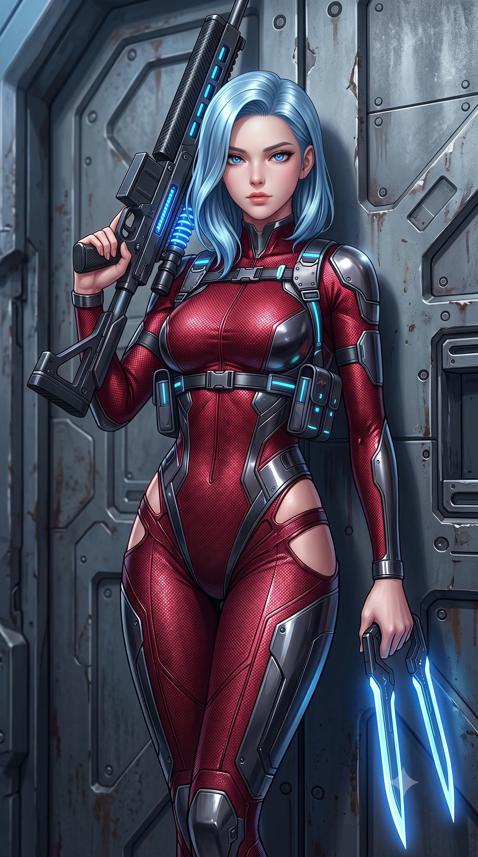 score_9, masterpiece, best quality, ultra-detailed, high-budget anime keyframe, semi-realistic 3D game render, editorial fashion photography, tasteful artistic composition, Korean woman. close-up cowboy shot from the waist and thighs up, the character dominates the composition, filling the frame with her large presence. gazing forward with divine sovereign poise, captivating jewel-like eyes shining with transcendent focus while holding her weapon with effortless mastery while leaning against a heavy titanium blast door with her slender railgun rested against her shoulder with divine confidence. The surrounding environment is rendered in vivid detail and crisp panoramic clarity. sharp carbon-fiber rifle barrel weave, glowing blue railgun accelerator coils, and space station rivets in deep focus. She has an exceptionally elegant, slender, and willowy female figure with an ultra-slim waist, a gracefully sculpted slender torso, toned flat midriff, and a refined slim silhouette. sharp v-shaped jawline, high-bridge nose, intricate jewel-like eyes with depth, thick eyelashes, glossy lips with a natural sheen, flawlessly proportioned anatomical accuracy, strict slender model proportions, natural body alignment, perfectly sculpted long slender limbs, ultra-slim waistline, clean dynamic posture without body distortion. wearing a skin-tight crimson carbon-weave combat leotard with metallic dark chrome plating and hip-accentuating cutouts, holding twin glowing high-frequency vibro-blades with effortless supermodel poise in monochrome white enamel carbon with high-contrast black panels, tailored from flexible second-skin carbon-mesh that clings flawlessly to her athletic curves, reinforced by a sleek titanium tactical harness and glowing micro-energy straps, the glove-like aerodynamic second-skin fit tightly clinging to her ultra-slender waist and athletic curves without adding bulk, accentuating her razor-sharp statuesque lines and slim hourglass silhouette. surrounded by an awe-inspiring, calm, and radiantly deadly orbital sharpshooter goddess aura. rich saturated anime colors with glowing neon highlights, detailed shading with soft gradients, rich glossy textures, high-contrast stereoscopic depth, volumetric dynamic lighting, master piece, 9:16 ratio