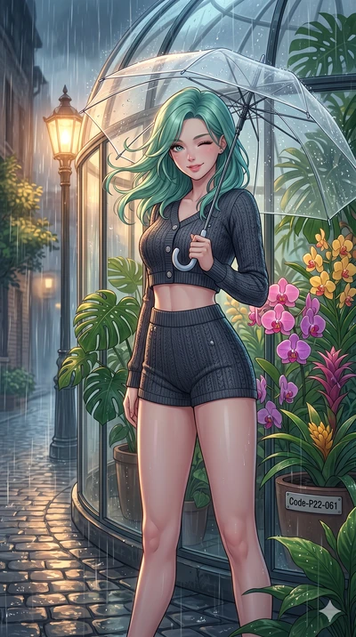score_9, masterpiece, best quality, ultra-detailed, high-budget anime keyframe, vibrant anime aesthetic, Japanese woman. cowboy shot from the thighs up, character and outfit filling the frame for maximum presence. She is standing under a clear umbrel