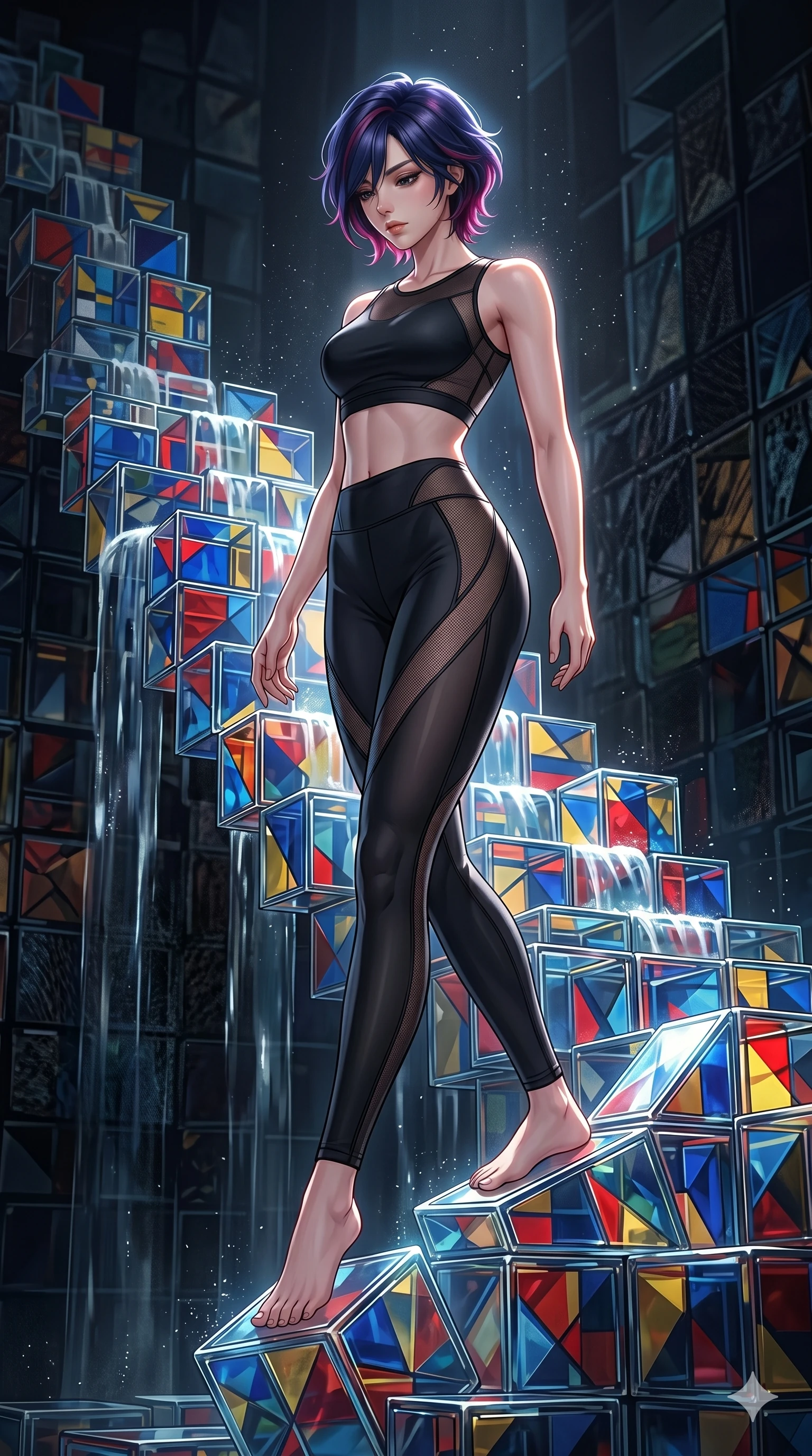 score_9, masterpiece, best quality, ultra-detailed, high-budget anime keyframe, Korean woman. low angle full-body shot filling the entire 9:16 frame with her statuesque presence, stretching the vertical silhouette. balancing on cubist glass blocks that cascade like a waterfall, reflecting complex mosaic patterns and primary colors. She has an absolutely perfect 8-heads proportion, an exceptionally tall and slender female figure with impossibly long slender legs and an ultra-slim waist. V-shaped jawline, high-bridge nose, intricate jewel-like eyes with depth, thick eyelashes, glossy lips with a natural sheen.. wearing a sheer mesh athleisure set, featuring a tight matte black top and leggings with semi-opaque mesh panels tracing the curves of her waist and thighs. illuminated by dramatic chiaroscuro casting soft shadows along her curves, with vibrant backlighting highlighting the dust particles. 2k, ultra detail, master piece, 9:16 ratio
