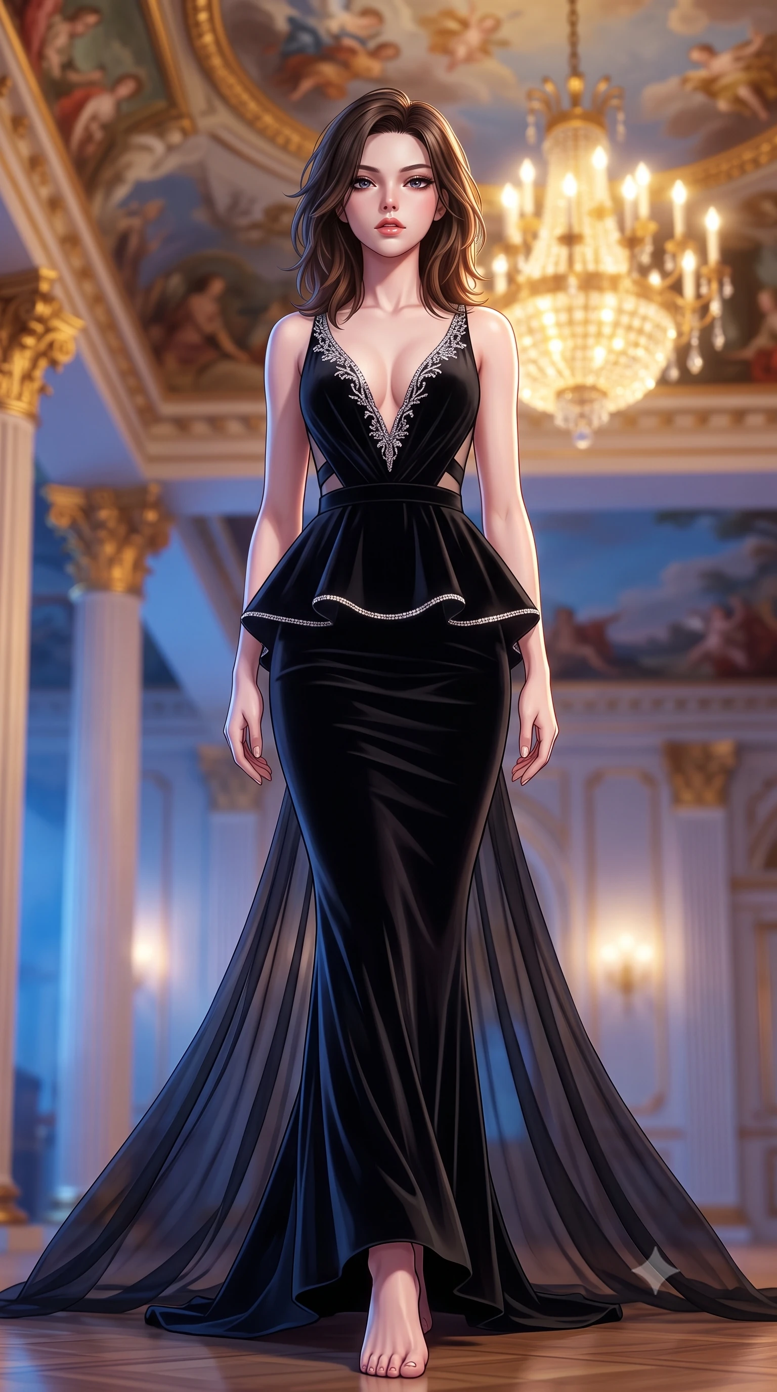 score_9, masterpiece, best quality, ultra-detailed, high-budget anime keyframe, semi-realistic 3D game render, editorial fashion photography, tasteful artistic composition, Korean woman. low angle full-body shot from head to toe showing her feet, filling the entire 9:16 vertical frame with her statuesque presence, stretching her vertical silhouette. striding forward in a proud supermodel runway stride, hips swaying in an alluring kinetic rhythm that accentuates her curvy hourglass silhouette while reclining on a plush crimson velvet settee propped on one elbow, her long slender legs and curvy hips commanding the composition. The composition keeps background elements in soft focus with creamy bokeh. classical ceiling oil frescoes and gilded Corinthian capitals softened in opulent shallow focus. She has an exceptionally tall and slender model-like 8.5-heads proportion, an ultra-slim waist, a flat toned midriff, narrow delicate ribcage, and beautifully sculpted feminine hips creating a graceful, slim hourglass silhouette without any bulky heaviness, with impossibly long slender legs. sharp v-shaped jawline, high-bridge nose, intricate jewel-like eyes with depth, thick eyelashes, glossy parted lips with a natural sheen, intensely captivating and seductive bedroom-eyes expression, flawlessly proportioned anatomical accuracy, strict slender model proportions, natural body alignment, perfectly sculpted long slender limbs, ultra-slim waistline, clean dynamic posture without body distortion. wearing a structural geometric peplum gown with sheer side-ribbon cutouts and form-fitting skirt in pitch-black velvet with diamond crystal trim, woven from layered gossamer chiffon with a weightless sweeping drape, finished with delicate crystal frost embroidery tracing the plunging neckline, the dramatically scooped open back descending to the base of her spine, accentuating her razor-sharp statuesque lines and slim hourglass silhouette. bathed in opulent golden chandelier light radiating from the grand foyer and cool blue evening sky fill. highly saturated vibrant anime colors, detailed shading with soft gradients, rich glossy textures, high-contrast stereoscopic depth, volumetric dynamic lighting, master piece, 9:16 ratio