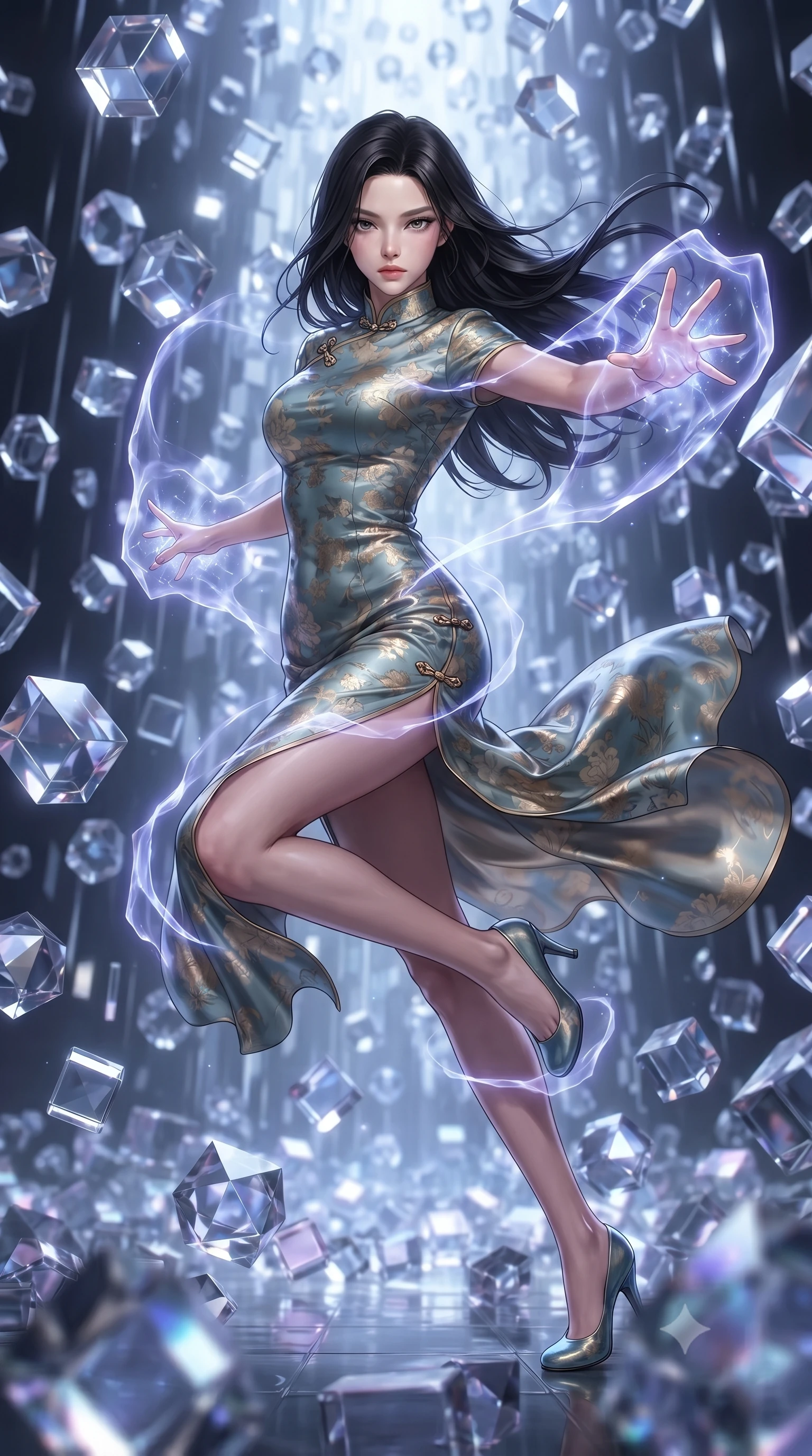 score_9, masterpiece, best quality, ultra-detailed, high-budget anime keyframe, editorial fashion photography, tasteful artistic composition, realistic cosplay photography, Korean woman. low angle full-body shot from head to toe showing her feet, filling the entire 9:16 vertical frame with her statuesque presence, stretching her vertical silhouette. dodging backward with feline agility while casting an energy barrier through a waterfall made of falling polyhedral glass blocks, bouncing and sliding off each other in a geometric cascade. She has a statuesque 8.5-heads proportion, an exceptionally tall, slender and willowy model-like build with impossibly long legs and a highly sculpted ultra-slim waist. sharp v-shaped jawline, high-bridge nose, intricate jewel-like eyes with depth, thick eyelashes, glossy lips with a natural sheen. wearing the lightweight fabric rippling and billowing dramatically with her movement, a body-hugging modernized qipao-inspired dress in a muted teal and gold floral print with a mandarin collar. cool ethereal blue-violet bioluminescent glow wrapping around her from all sides. ultra-reflective glossy finish, specular highlights, metallic sheen, high-contrast stereoscopic depth, volumetric dynamic lighting, 2k, ultra detail, master piece, 9:16 ratio