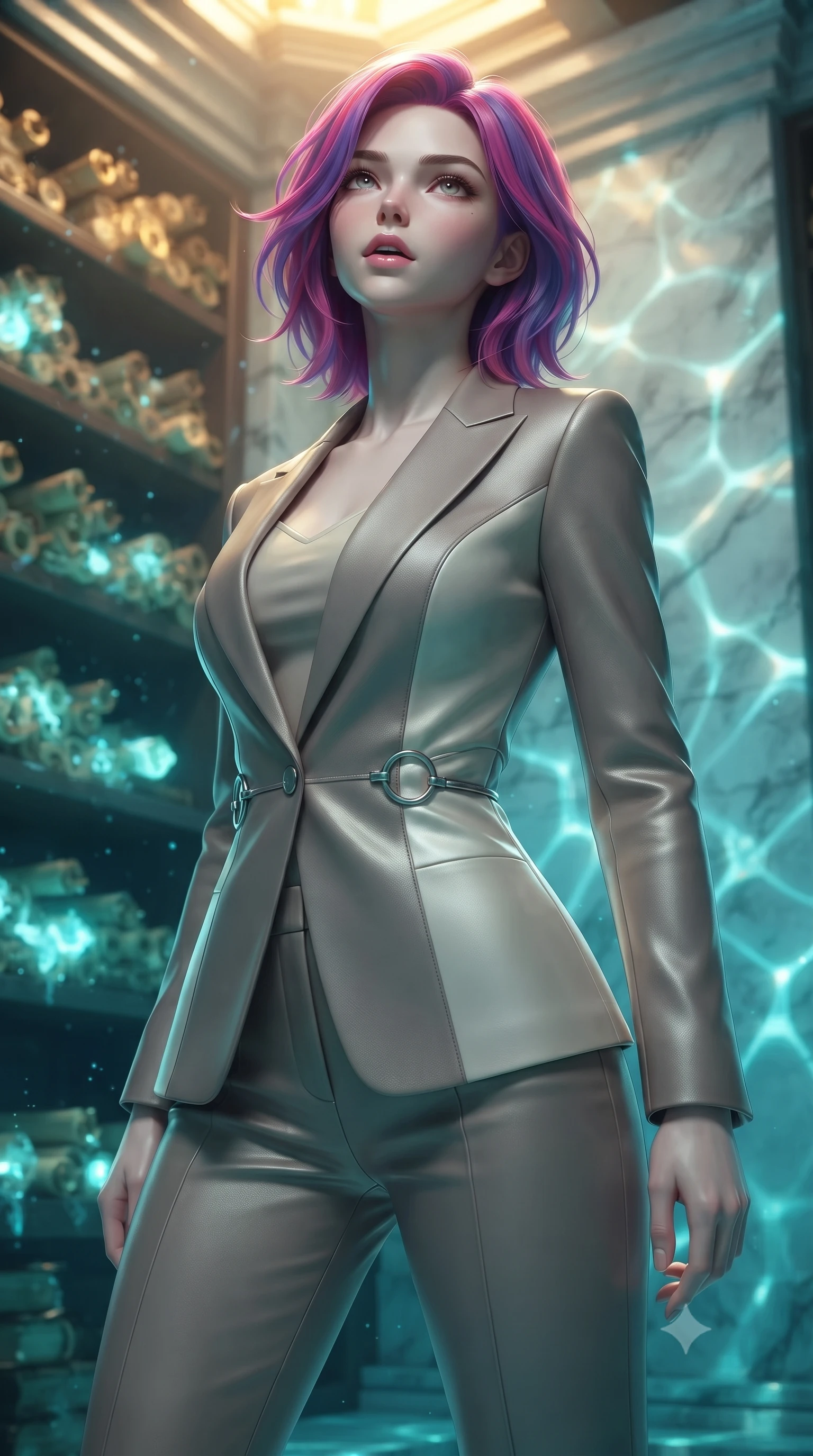 score_9, masterpiece, best quality, ultra-detailed, high-budget anime keyframe, editorial fashion photography, tasteful artistic composition, Caucasian woman. close-up cowboy shot from the waist and thighs up, the character dominates the composition, filling the frame with her large presence, background elements kept in soft focus. Tilting her chin up slightly with lips parted in a magnetic, composed expression navigating a submerged ancient library surrounded by floating glowing scrolls, shimmering water reflections dancing dynamically across the marble walls. She has an exceptionally elegant, slender, and willowy female figure with an ultra-slim waist, a gracefully sculpted slender torso, and a refined silhouette. sharp v-shaped jawline, high-bridge nose, intricate jewel-like eyes with depth, thick eyelashes, glossy lips with a natural sheen. wearing a tailored silk blazer over a form-contouring top and fitted slacks in muted taupe and soft ivory, made of fine carbon-fiber weave and soft matte leather, accented with delicate chrome ring hardware framing her waist, the form-contouring material highlighting her ultra-slim waist and long lines. illuminated by luminous aqua bioluminescence and warm golden top lighting. ultra-reflective glossy finish, specular highlights, metallic sheen, high-contrast stereoscopic depth, volumetric dynamic lighting, 2k, ultra detail, master piece, 9:16 ratio