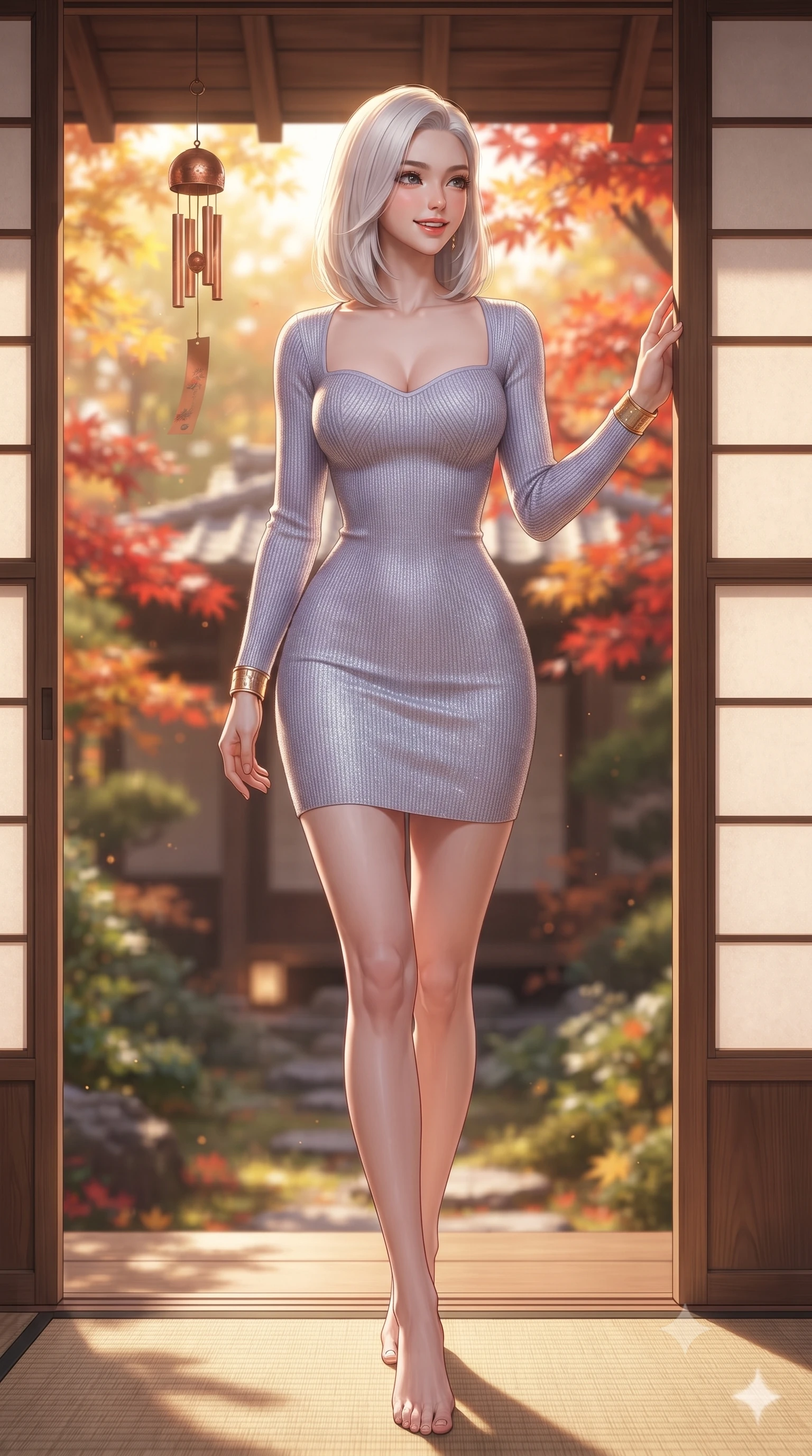 score_9, masterpiece, best quality, ultra-detailed, high-budget anime keyframe, editorial fashion photography, tasteful artistic composition, Korean woman. low angle full-body shot from head to toe showing her feet, filling the entire 9:16 vertical frame with her statuesque presence, stretching her vertical silhouette. stepping forward in a confident stride, her long slender legs and curvaceous hips creating a dynamic, sweeping vertical line while standing poised at the threshold between tatami salon and autumn garden, one hand touching the sliding shoji screen frame with quiet grace. The background shows a soft-focus traditional cedar eaves and hanging copper wind chimes softened in timeless autumn temple sanctuary shallow focus. She has an exceptionally tall and slender model-like 8.5-heads proportion, an ultra-slim waist, a flat toned midriff, narrow delicate ribcage, and beautifully sculpted feminine hips creating a graceful, slim hourglass silhouette without any bulky heaviness, with impossibly long slender legs. sharp v-shaped jawline, high-bridge nose, intricate jewel-like sparkling eyes with depth, thick eyelashes, glossy parted lips with a natural peach sheen, bright cheerful beaming smile with an enchanting and coquettish sensual glint, exuding both youthful cute charm and seductive allure, flawlessly proportioned anatomical accuracy, strict slender model proportions, natural body alignment, perfectly sculpted long slender limbs, ultra-slim waistline, clean dynamic posture without body distortion. wearing a sculpted sweetheart-neckline knit bodycon dress with long fitted sleeves and an ultra-snug bodice in frosted mountain lavender and shimmering ice silver, woven from fine elastic rib-knit fabric tracing every millimeter of her slender torso, accented with delicate golden wrist cuffs reflecting warm chandelier light, the body-conscious tailored knit hugging her sculpted torso and curvaceous hips in a seamless, fluid line that highlights her statuesque model proportions. bathed in filtered golden autumn sunlight dappled through brilliant red and orange maple foliage. ultra-reflective glossy finish, specular highlights, rich textural contrasts, high-contrast stereoscopic depth, volumetric dynamic lighting, 2k, ultra detail, master piece, 9:16 ratio