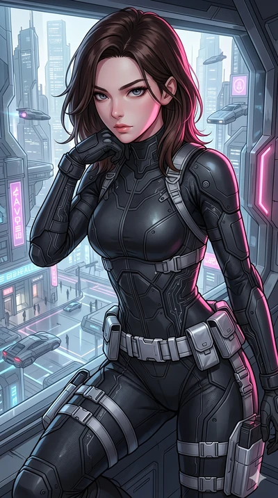 score_9, masterpiece, best quality, ultra-detailed, high-budget anime keyframe, Korean woman. Upper body close-up from the thighs up, character filling the screen for maximum presence. On a high-tech sniper nest overlooking a futuristic city plaza, r