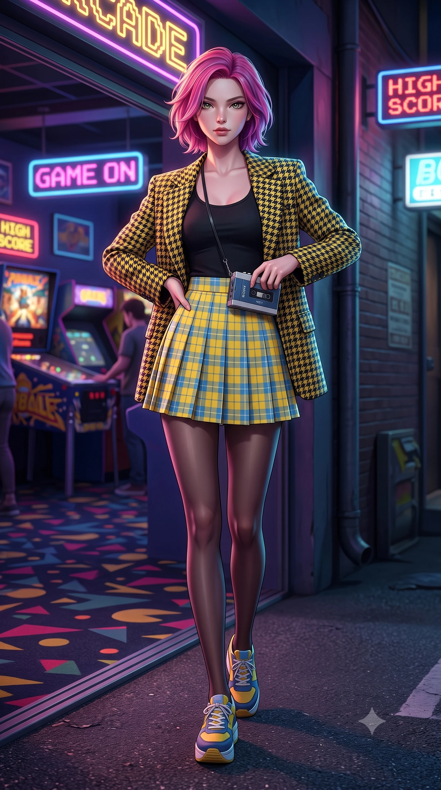 score_9, masterpiece, best quality, ultra-detailed, high-budget anime keyframe, semi-realistic 3D game render, editorial fashion photography, tasteful artistic composition, Caucasian woman. low angle full-body shot from head to toe showing her feet, filling the entire 9:16 vertical frame with her statuesque presence, stretching her vertical silhouette. standing poised with one hip cocked in an alluring high-fashion pose, her tall 8.5-heads proportions dominating the scene while stepping out of the arcade into the neon-lit alleyway, adjusting her cassette tape player with supreme retro cool. The composition keeps background elements in soft focus with creamy bokeh. retro arcade carpet patterns and pinball machine backglasses softened in dynamic shallow focus. She has an absolutely perfect, statuesque 8.5-heads proportion, an exceptionally tall and slender model-like female figure with impossibly long slender legs, a toned flat midriff, and an ultra-slim waist. sharp v-shaped jawline, high-bridge nose, intricate jewel-like eyes with depth, thick eyelashes, glossy lips with a natural sheen, captivating and magnetic expression, flawlessly proportioned anatomical accuracy, strict slender model proportions, natural body alignment, perfectly sculpted long slender limbs, ultra-slim waistline, clean dynamic posture without body distortion. wearing a tailored 90s houndstooth oversized blazer over a simple scoop-neck top and a high-waisted pleated wool mini-skirt in sunny retro canary yellow and sky blue, made of crisp lightweight vintage crinkle nylon, accented with a vintage gold coin pendant necklace and dark sheer tights, the glove-like aerodynamic second-skin fit tightly clinging to her ultra-slender waist and athletic curves without adding bulk, accentuating her razor-sharp statuesque lines and slim hourglass silhouette. surrounded by a playful, energetic, and delightfully charming 80s arcade sweetheart aura. highly saturated vibrant anime colors, detailed shading with soft gradients, rich glossy textures, high-contrast stereoscopic depth, volumetric dynamic lighting, master piece, 9:16 ratio