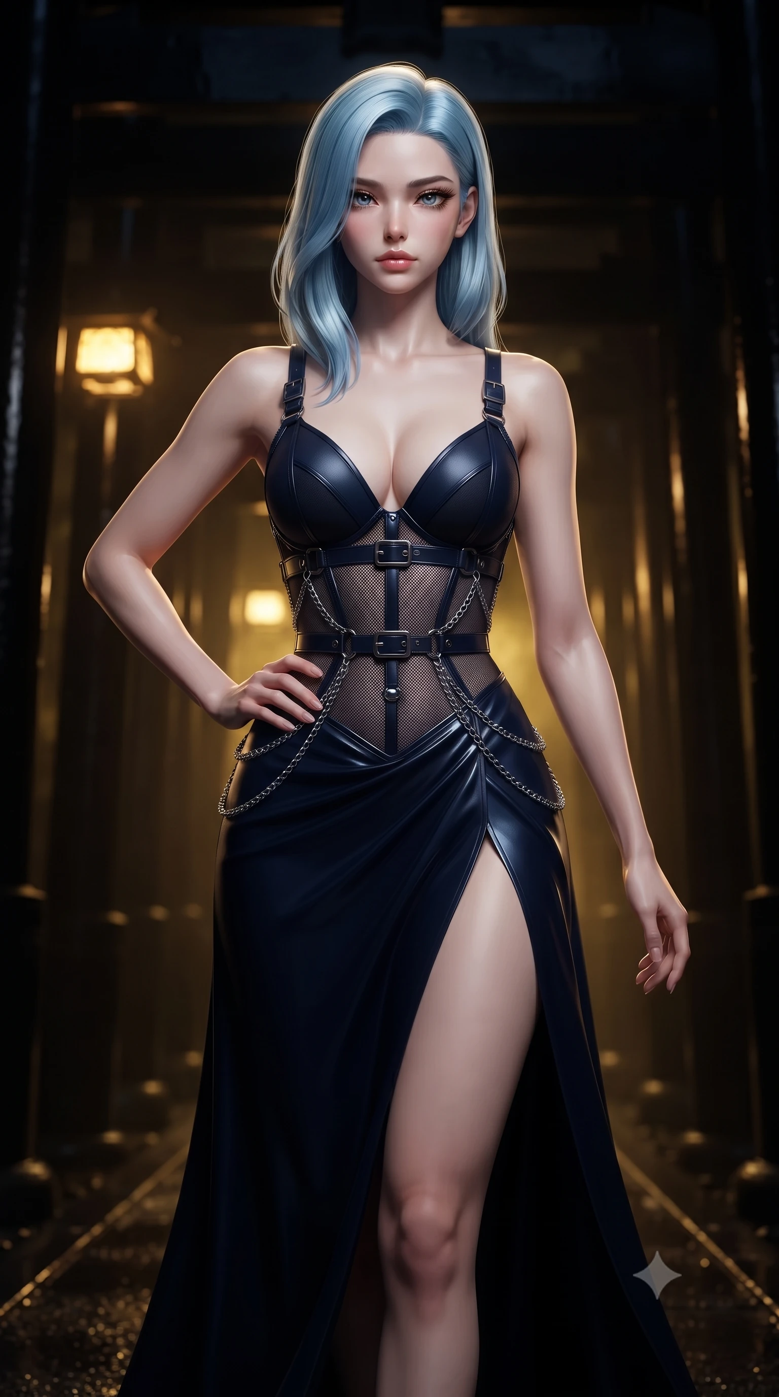 score_9, masterpiece, best quality, ultra-detailed, high-budget anime keyframe, editorial fashion photography, tasteful artistic composition, Korean woman. close-up cowboy shot from the waist and thighs up, the character dominates the composition, filling the frame with her large presence, background elements kept in soft focus. Holding a confident power pose with one hand on her hip, walking through a endless corridor of black lacquer Torii gates at midnight, wet dark lacquer Torii gates reflecting sharp amber key highlights. She has an exceptionally elegant, slender, and willowy female figure with an ultra-slim waist, a gracefully sculpted slender torso, and a refined silhouette. sharp v-shaped jawline, high-bridge nose, intricate jewel-like eyes with depth, thick eyelashes, glossy lips with a natural sheen. wearing low-cut gothic structured bodice gown with high leg slit in midnight navy blue, made of fine dark contouring mesh, framed by dark titanium buckles and silver chain details, accentuating her gracefully sculpted slender torso. bathed in eerie gold mist glow and deep dark shadow silhouettes. ultra-reflective glossy finish, specular highlights, metallic sheen, high-contrast stereoscopic depth, volumetric dynamic lighting, 2k, ultra detail, master piece, 9:16 ratio