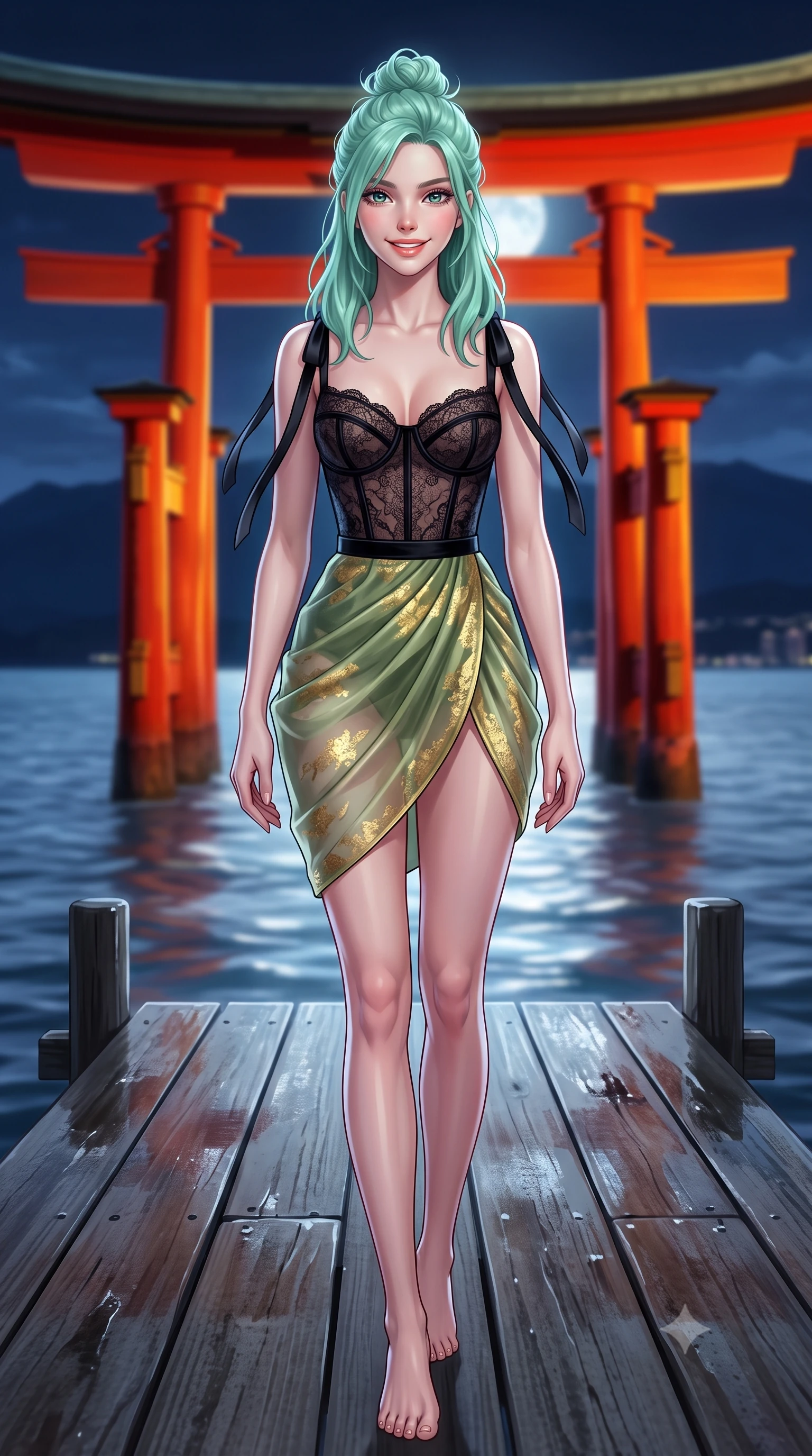 score_9, masterpiece, best quality, ultra-detailed, high-budget anime keyframe, semi-realistic 3D game render, editorial fashion photography, tasteful artistic composition, Japanese woman. low angle full-body shot from head to toe showing her feet, filling the entire 9:16 vertical frame with her statuesque presence, stretching her vertical silhouette. stepping slowly toward the camera with hypnotic grace, hips swaying in an alluring sensual rhythm that accentuates her curvy hourglass silhouette and long slender legs while standing poised on the private wooden pier extending into the Seto Inland Sea, arching her back with queenly grace as the monumental scarlet Torii gate stands bathed in moonlight. The background shows a soft-focus gentle nocturnal tide ripples softened in historic island shrine shallow focus. She has an exceptionally tall and slender model-like 8.5-heads proportion, an ultra-slim waist, a flat toned midriff, narrow delicate ribcage, and beautifully sculpted feminine hips creating a graceful, slim hourglass silhouette without any bulky heaviness, with impossibly long slender legs. sharp v-shaped jawline, high-bridge nose, intricate jewel-like sparkling eyes with depth, thick eyelashes, glossy parted lips with a natural peach sheen, bright cheerful beaming smile with an enchanting and coquettish sensual glint, exuding both youthful cute charm and seductive allure, flawlessly proportioned anatomical accuracy, strict slender model proportions, natural body alignment, perfectly sculpted long slender limbs, ultra-slim waistline, clean dynamic posture without body distortion. wearing a sculpted underwire bustier in sheer noir lace with velvet piping paired with an ultra-short draped tulip skirt in Gion antique matcha green and gilded gold leaf, crafted from translucent silk organza with an ethereal crystalline sheen, finished with satin ribbon ties at the shoulders fluttering in the gentle breeze, the high-slit wrap tailoring accentuating her ultra-slim waistline and the enchanting curve of her feminine hips with alluring seductive charm. bathed in the golden-and-vermilion architectural floodlights of the Torii gate mixed with cool silver moonlit sea fill. highly saturated vibrant anime colors, detailed shading with soft gradients, rich glossy textures, high-contrast stereoscopic depth, volumetric dynamic lighting, master piece, 9:16 ratio